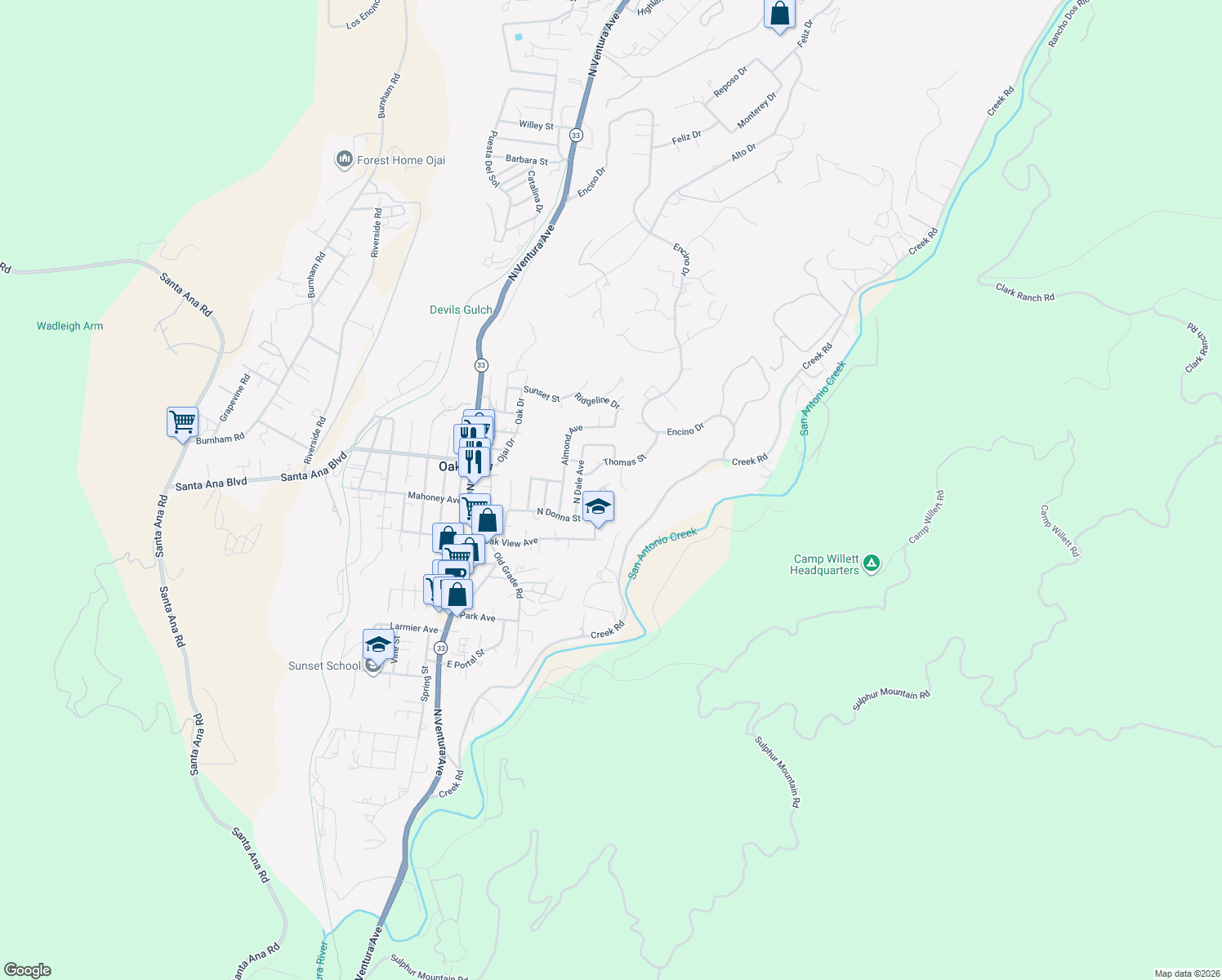 map of restaurants, bars, coffee shops, grocery stores, and more near 616 East Katherine Avenue in Oak View