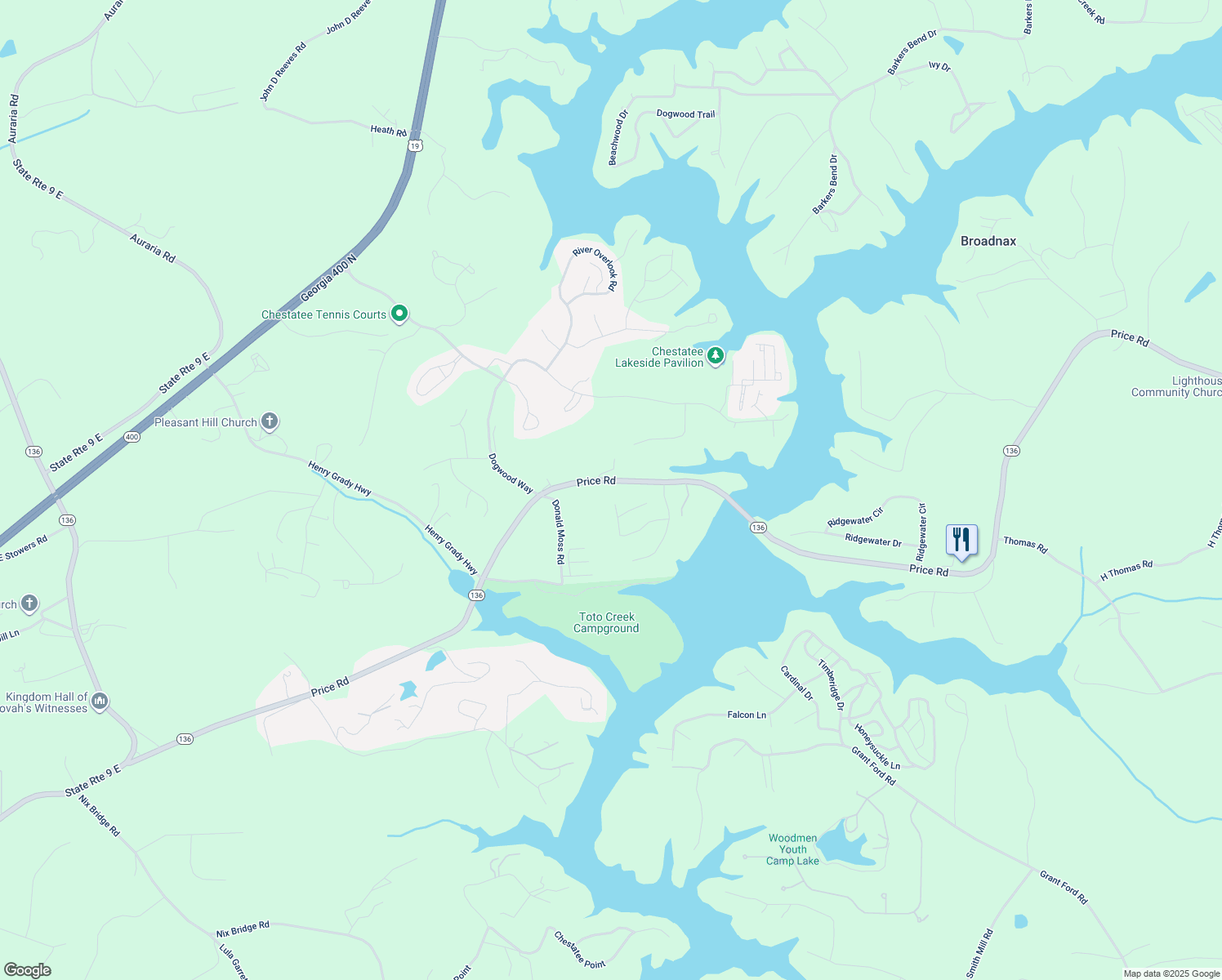 map of restaurants, bars, coffee shops, grocery stores, and more near 269 Emmett Drive in Dawsonville