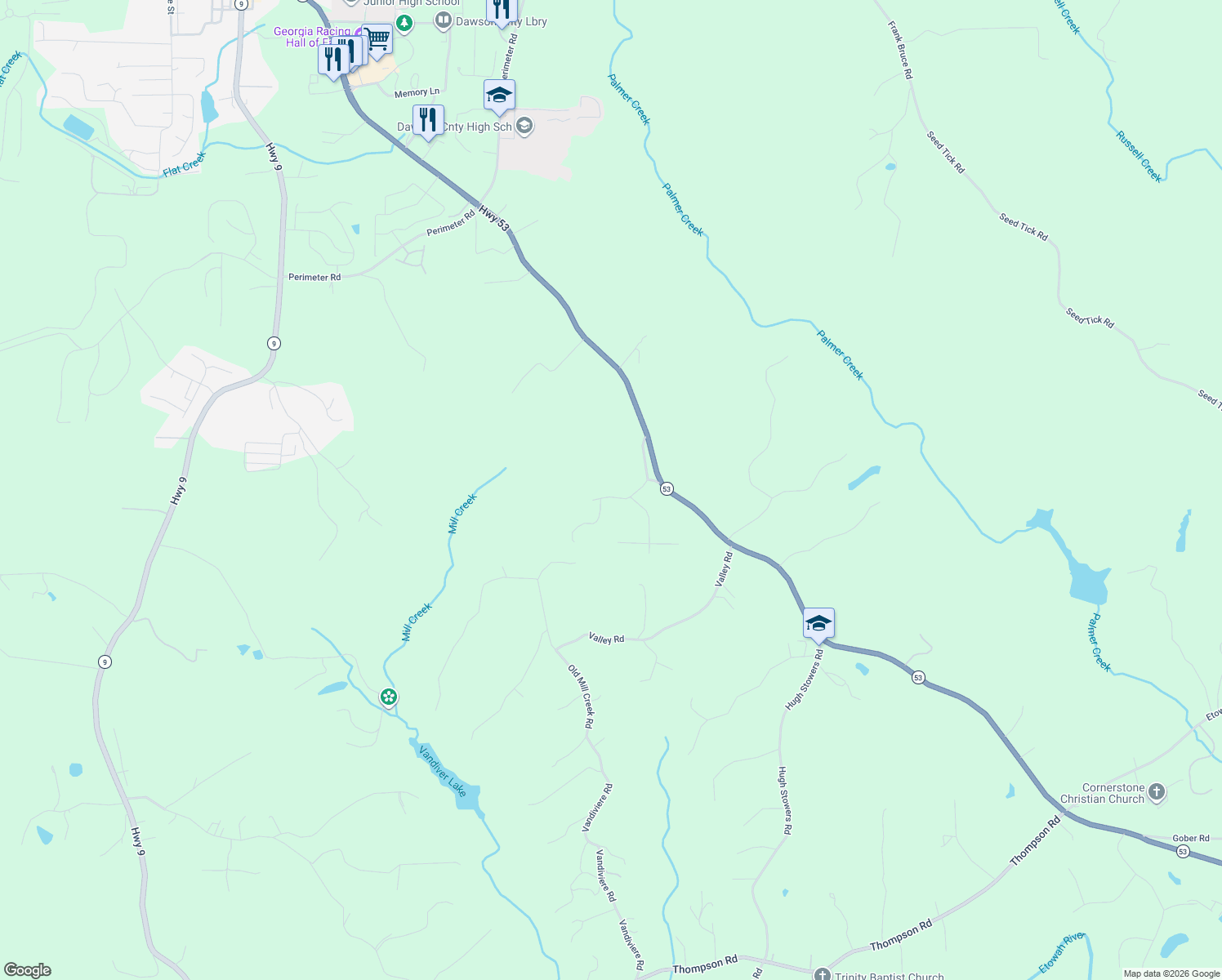 map of restaurants, bars, coffee shops, grocery stores, and more near 250 Buddy Burt Road in Dawsonville