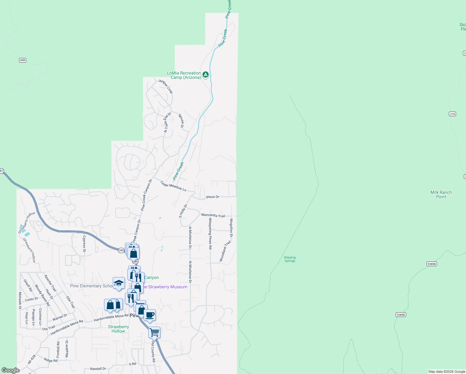 map of restaurants, bars, coffee shops, grocery stores, and more near 5415 West Valley View Drive in Pine