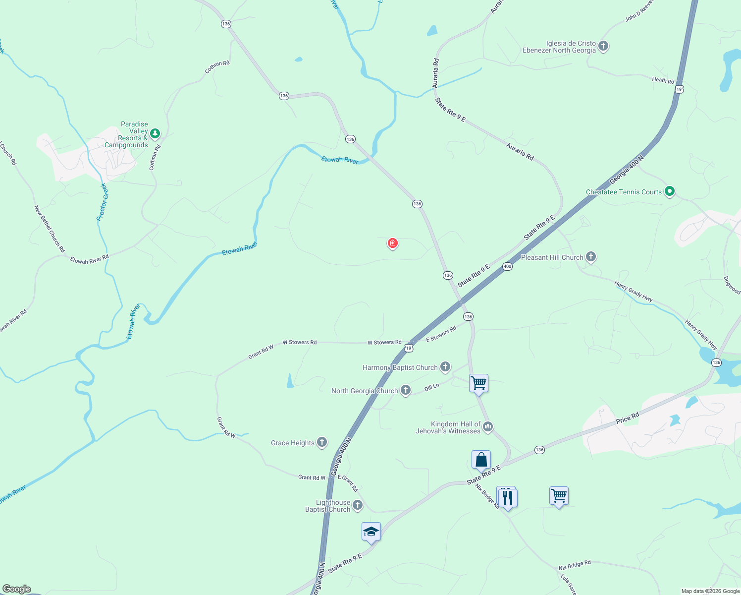 map of restaurants, bars, coffee shops, grocery stores, and more near 329 Old White Oak Trail in Dawsonville