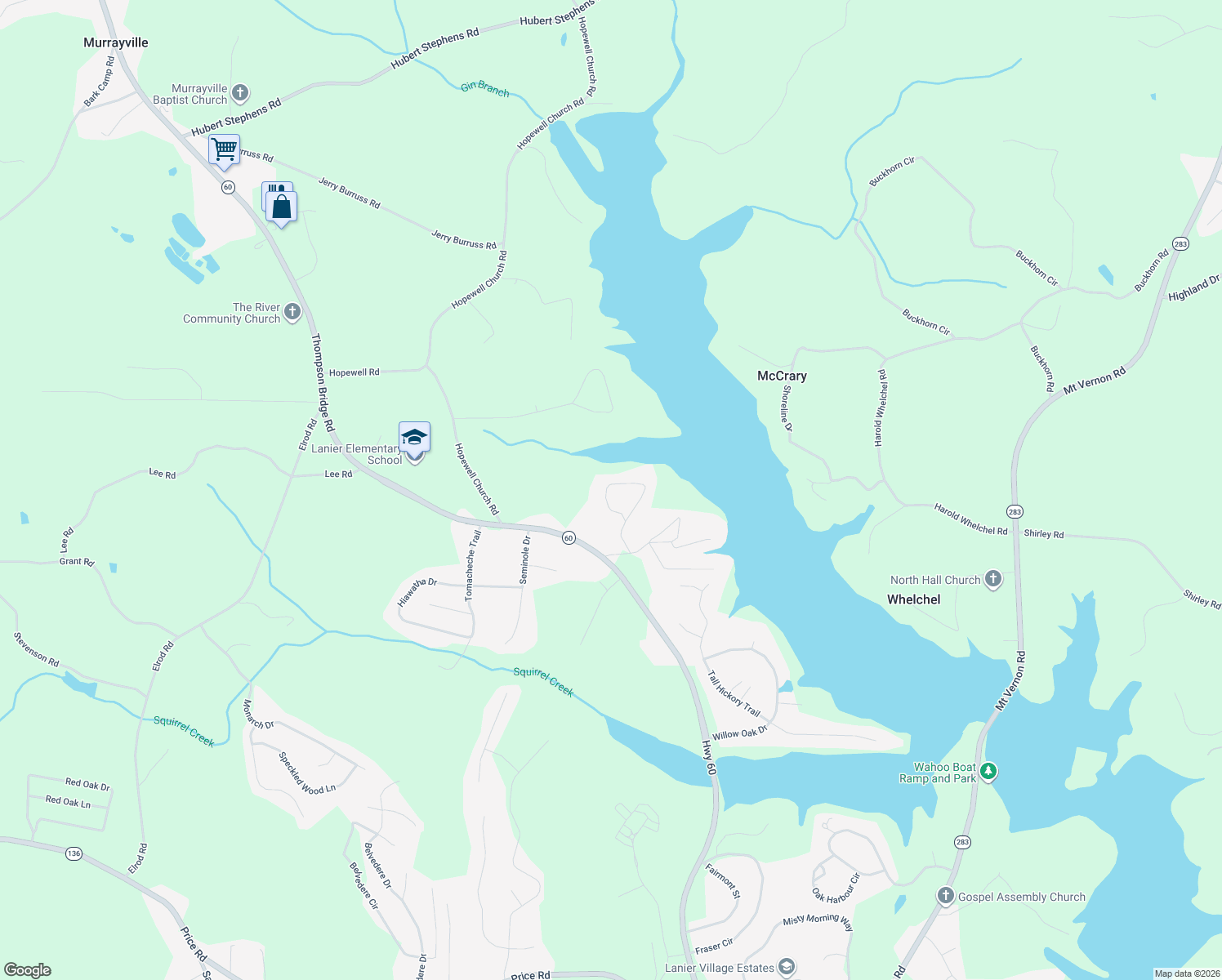 map of restaurants, bars, coffee shops, grocery stores, and more near 4487 Roberta Circle in Gainesville