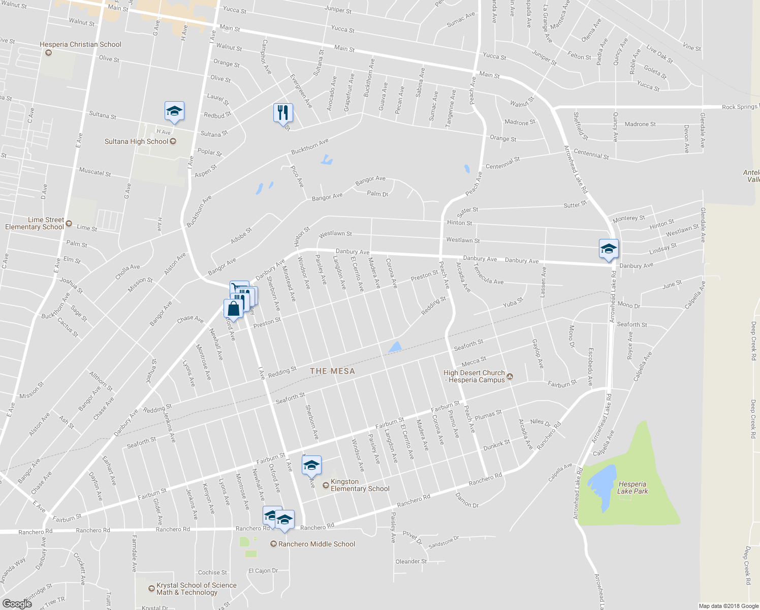 map of restaurants, bars, coffee shops, grocery stores, and more near 8154 Madera Avenue in Hesperia