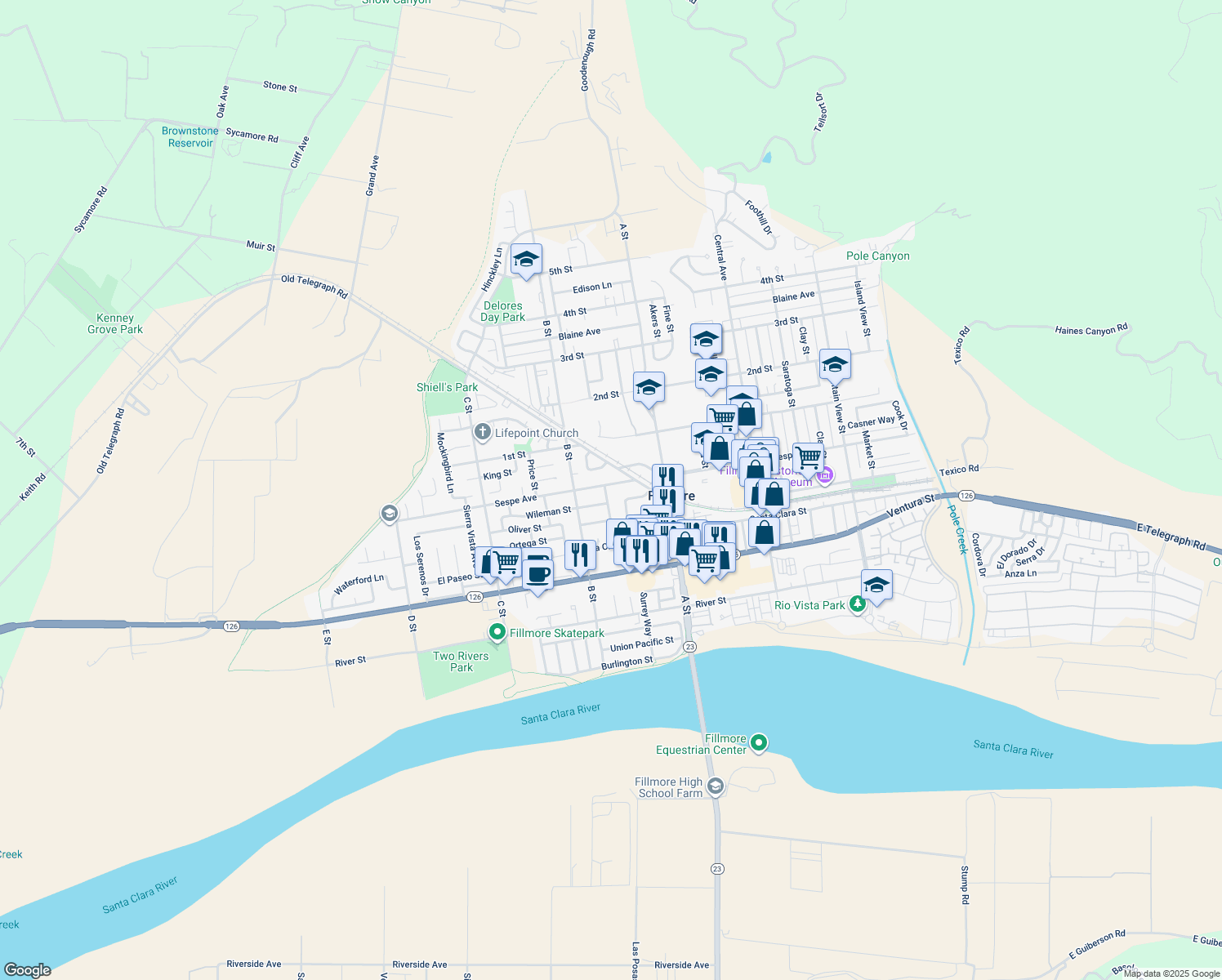 map of restaurants, bars, coffee shops, grocery stores, and more near 362 McCampbell Street in Fillmore