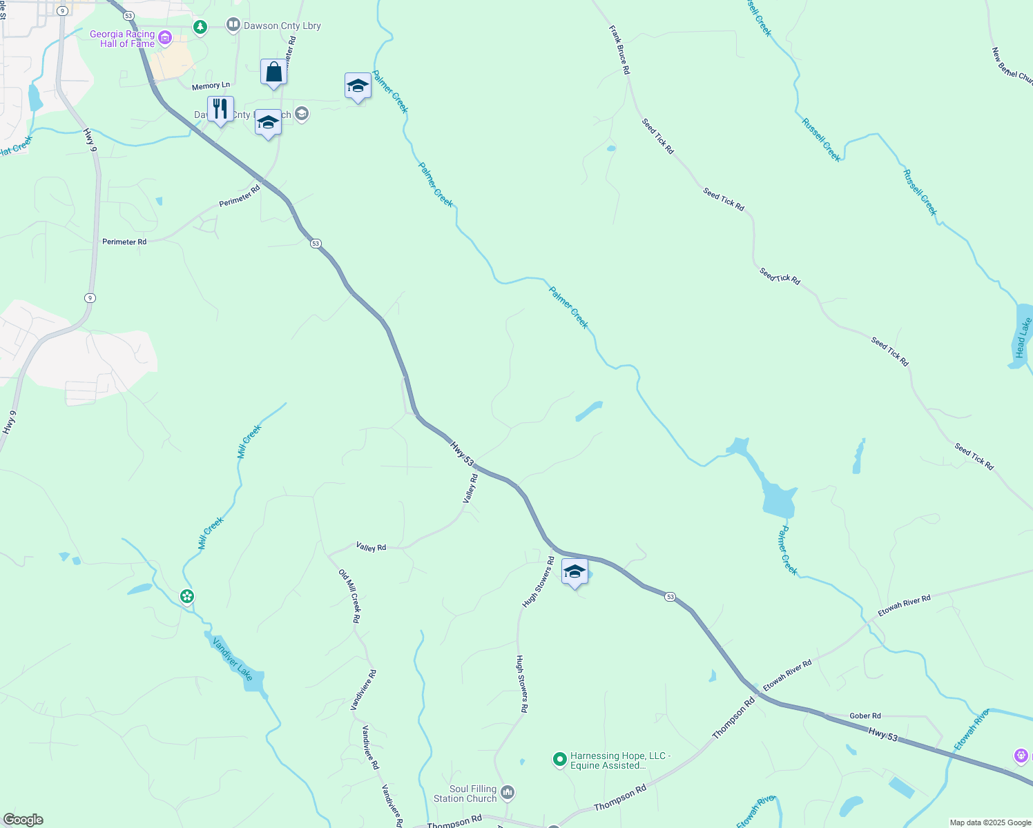 map of restaurants, bars, coffee shops, grocery stores, and more near 305 Mountain Brook Road in Dawsonville