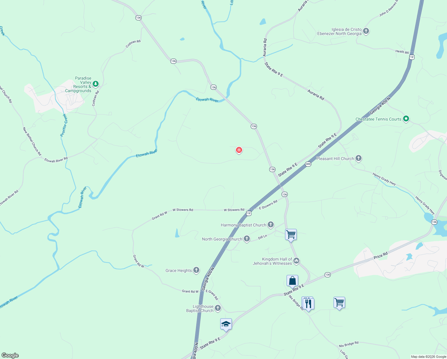map of restaurants, bars, coffee shops, grocery stores, and more near 329 Old White Oak Trail in Dawsonville
