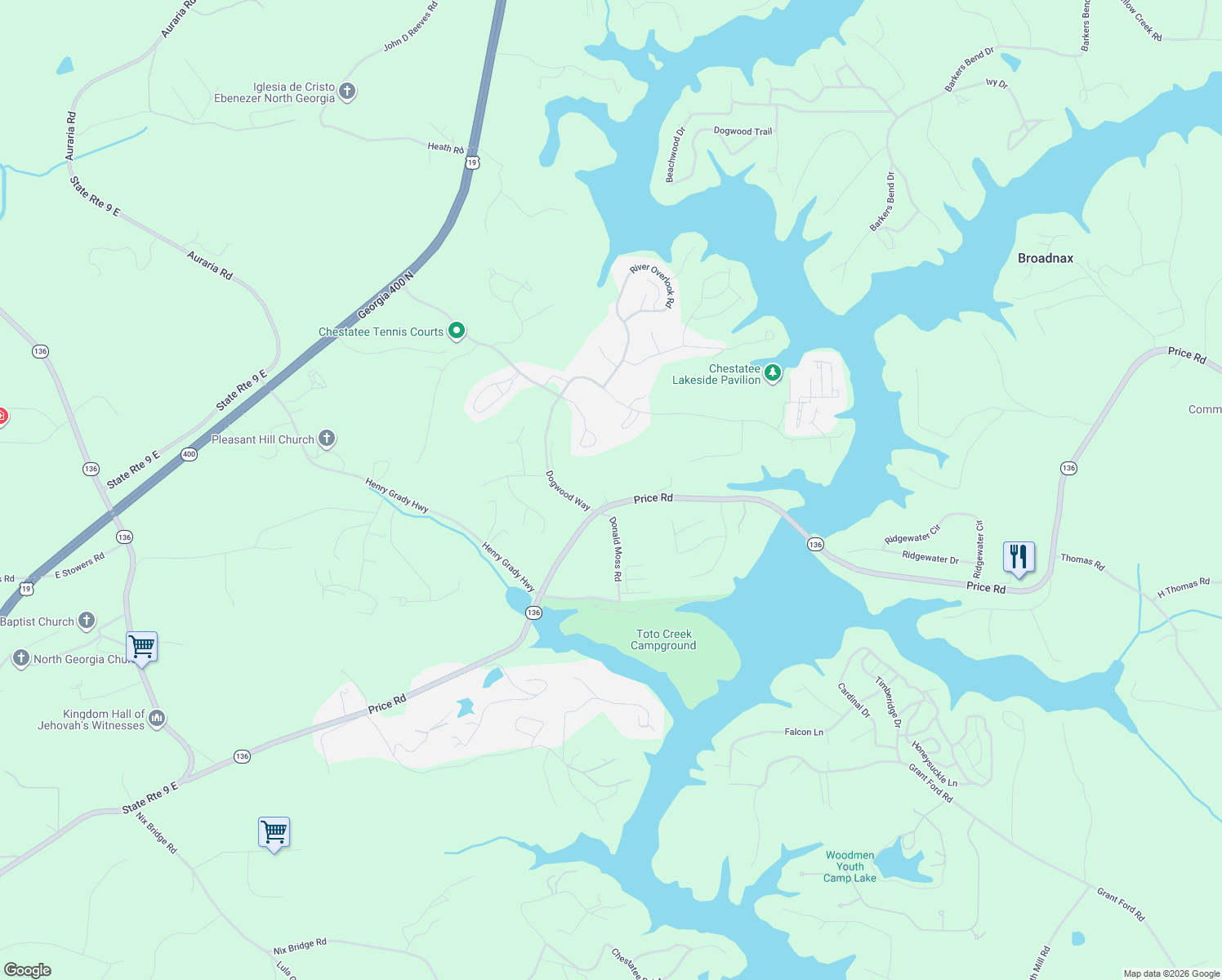 map of restaurants, bars, coffee shops, grocery stores, and more near 1619 Price Road in Dawsonville