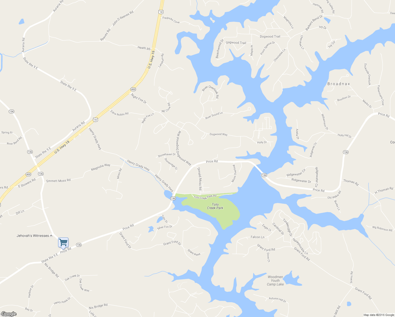 map of restaurants, bars, coffee shops, grocery stores, and more near 1619 Price Road in Dawsonville