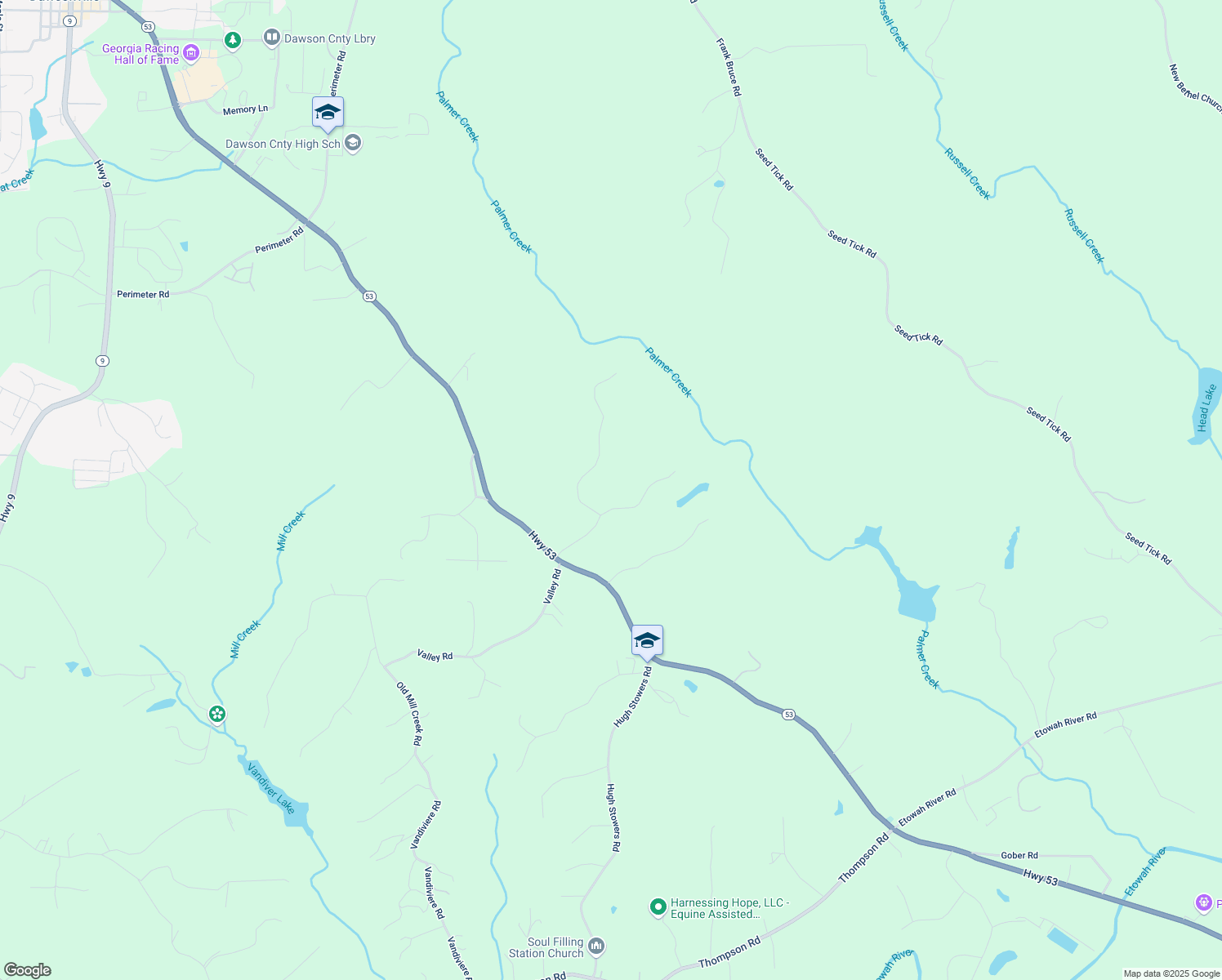 map of restaurants, bars, coffee shops, grocery stores, and more near 305 Mountain Brook Road in Dawsonville
