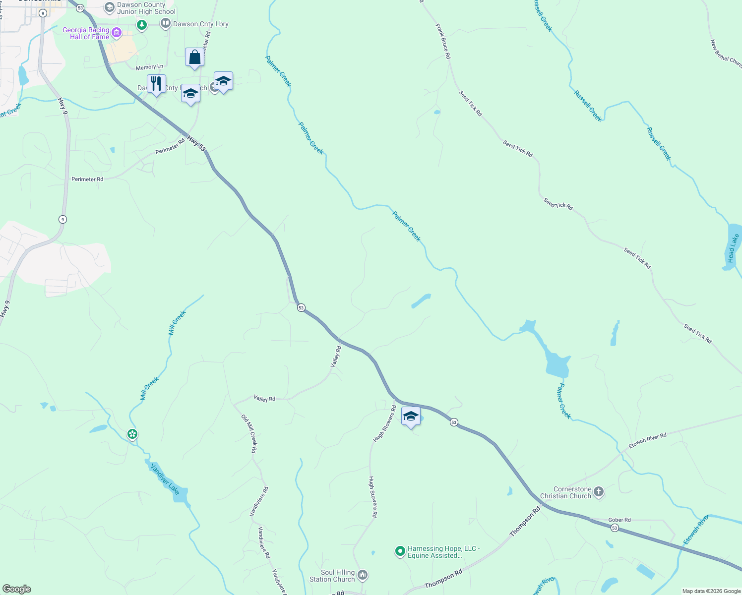 map of restaurants, bars, coffee shops, grocery stores, and more near 305 Mountain Brook Road in Dawsonville