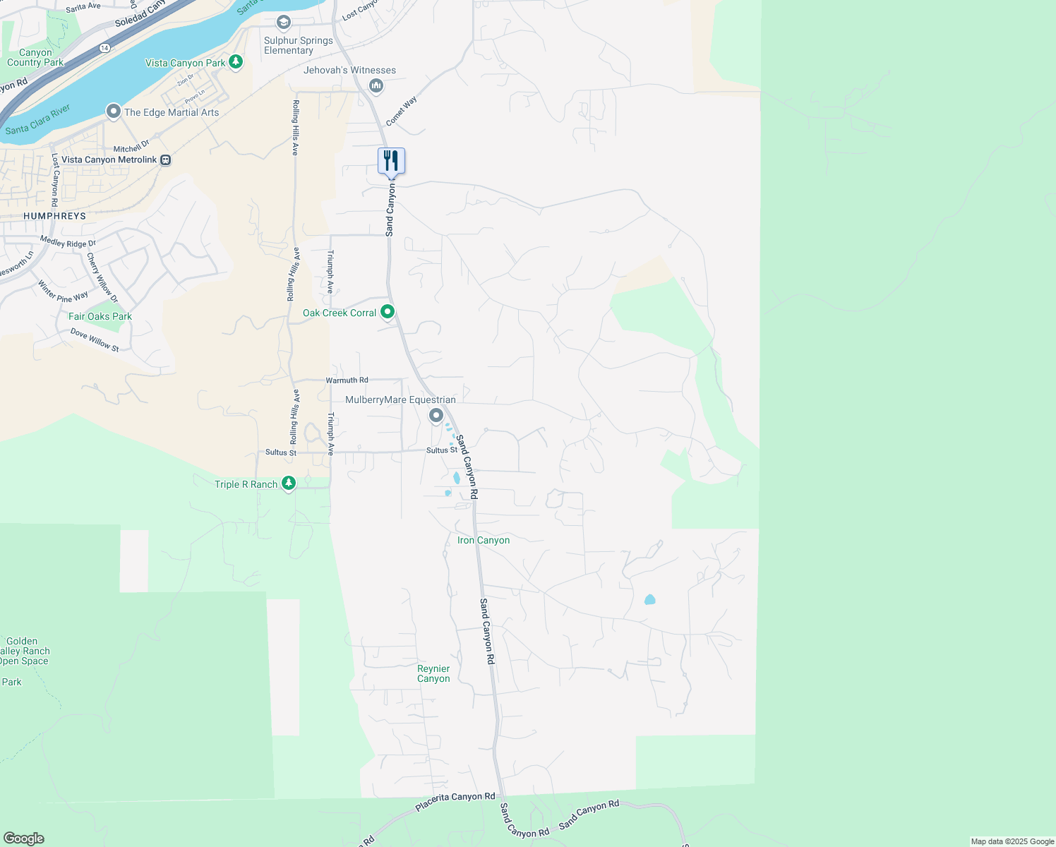 map of restaurants, bars, coffee shops, grocery stores, and more near 15829 Toscana Court in Santa Clarita