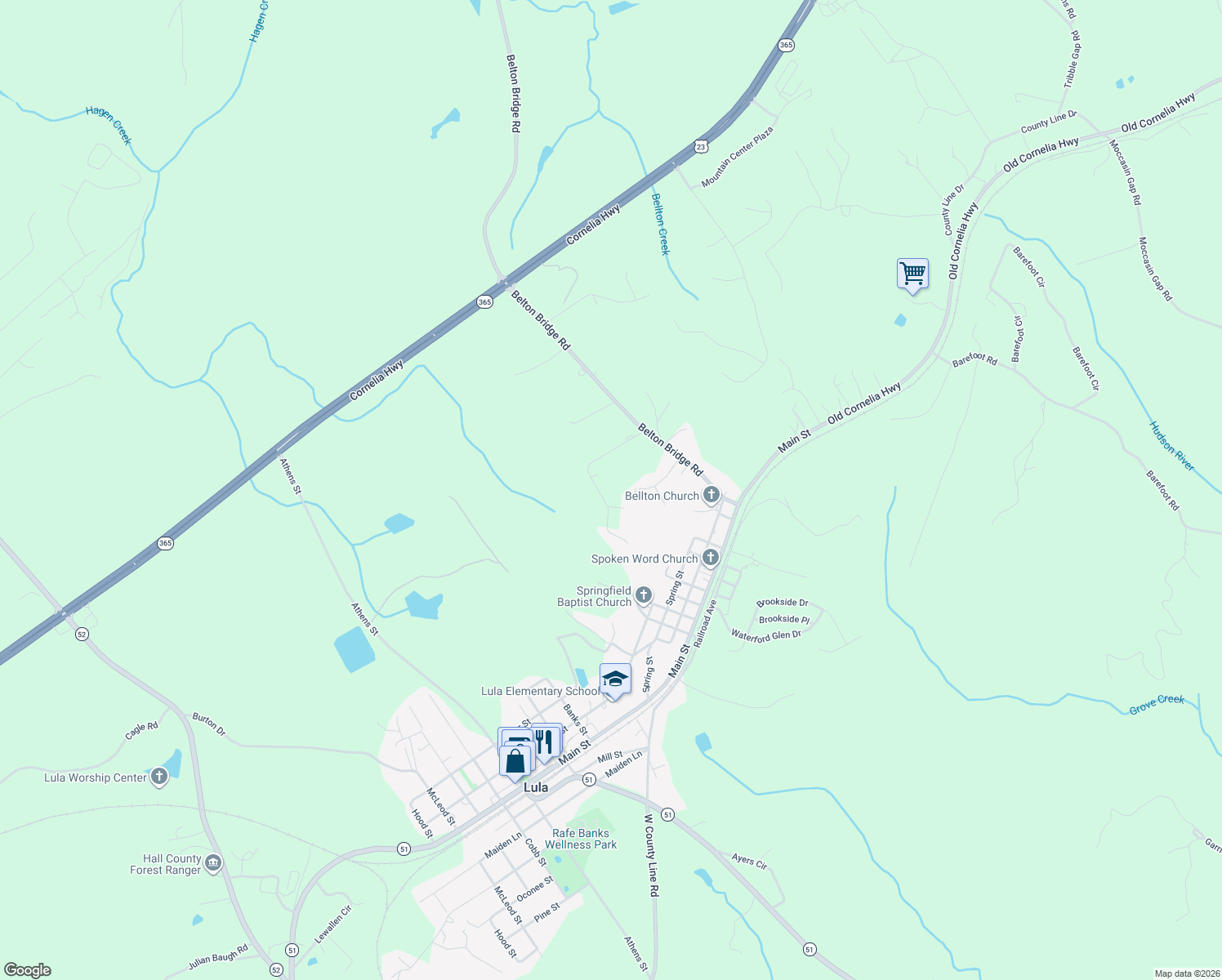 map of restaurants, bars, coffee shops, grocery stores, and more near 6455 Narramore Way in Lula
