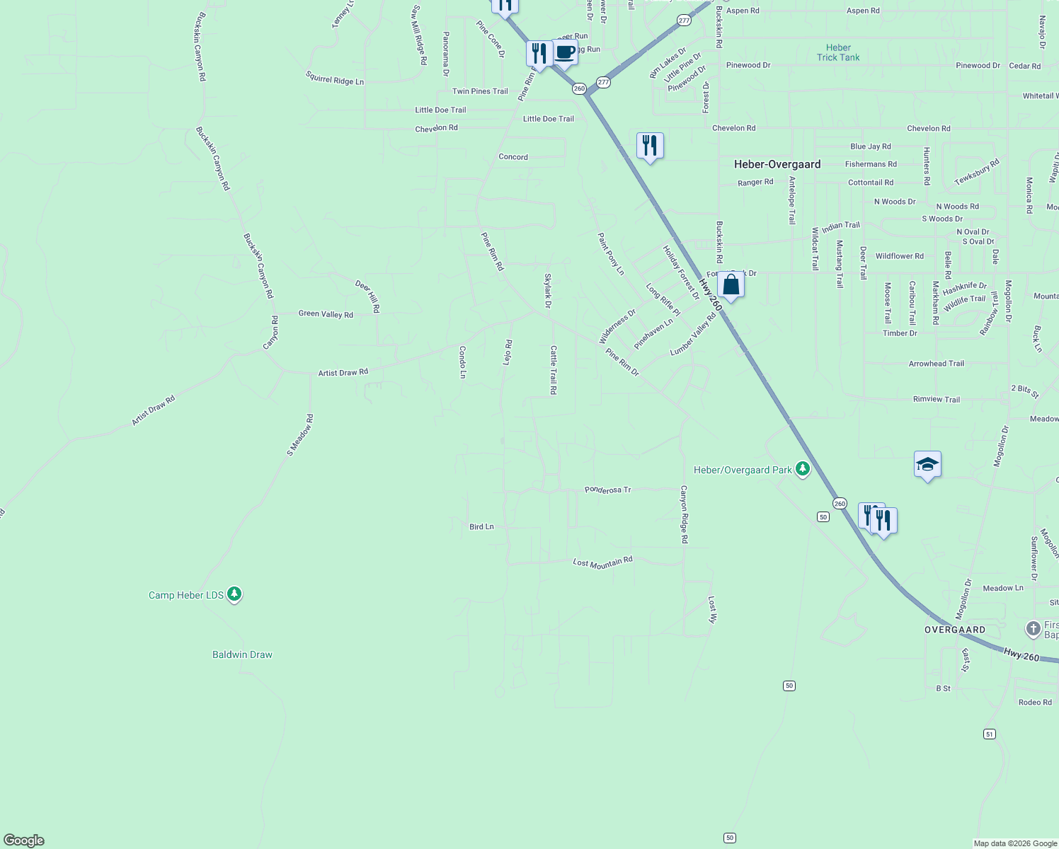 map of restaurants, bars, coffee shops, grocery stores, and more near 2032 Jone's Pass in Navajo County