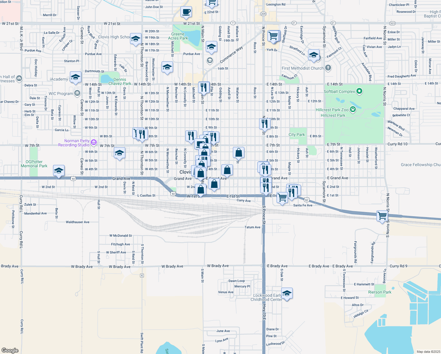 map of restaurants, bars, coffee shops, grocery stores, and more near 302 Gidding Street in Clovis