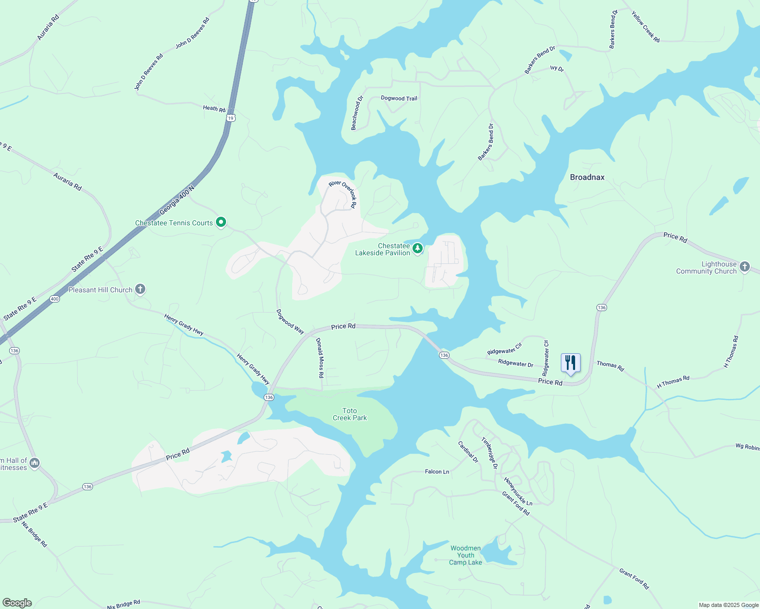 map of restaurants, bars, coffee shops, grocery stores, and more near 183 Honeysuckle Trail in Dawsonville