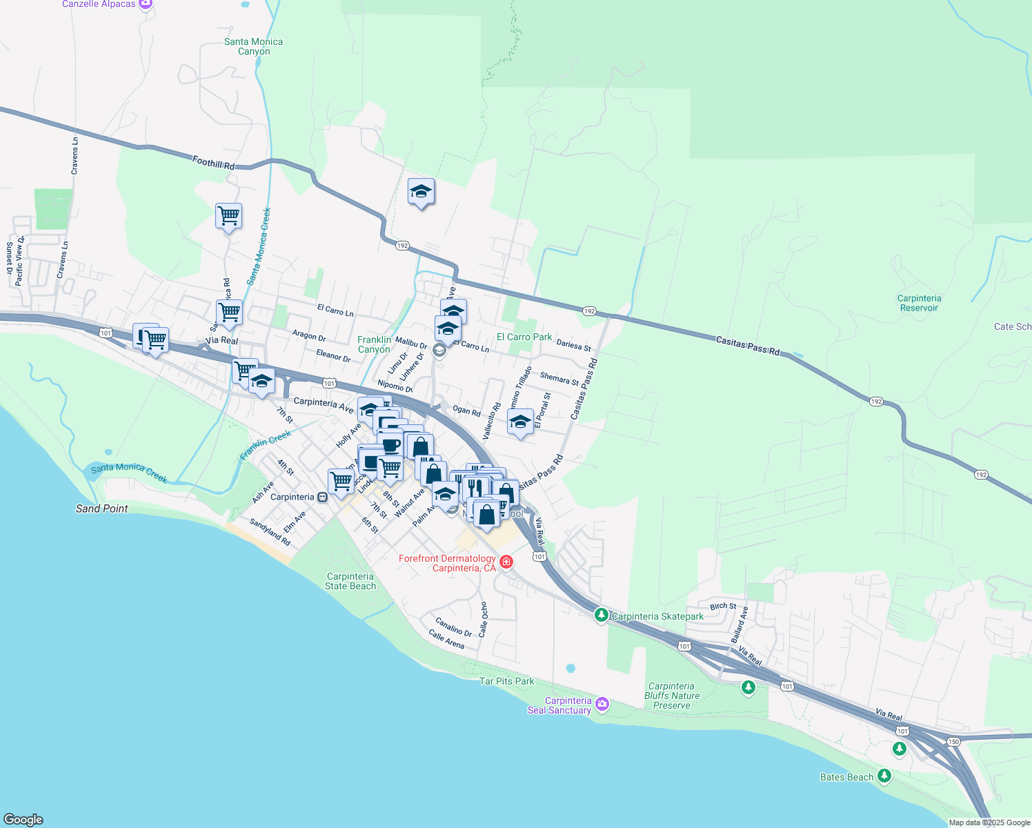 map of restaurants, bars, coffee shops, grocery stores, and more near 1316 Camino Trillado in Carpinteria