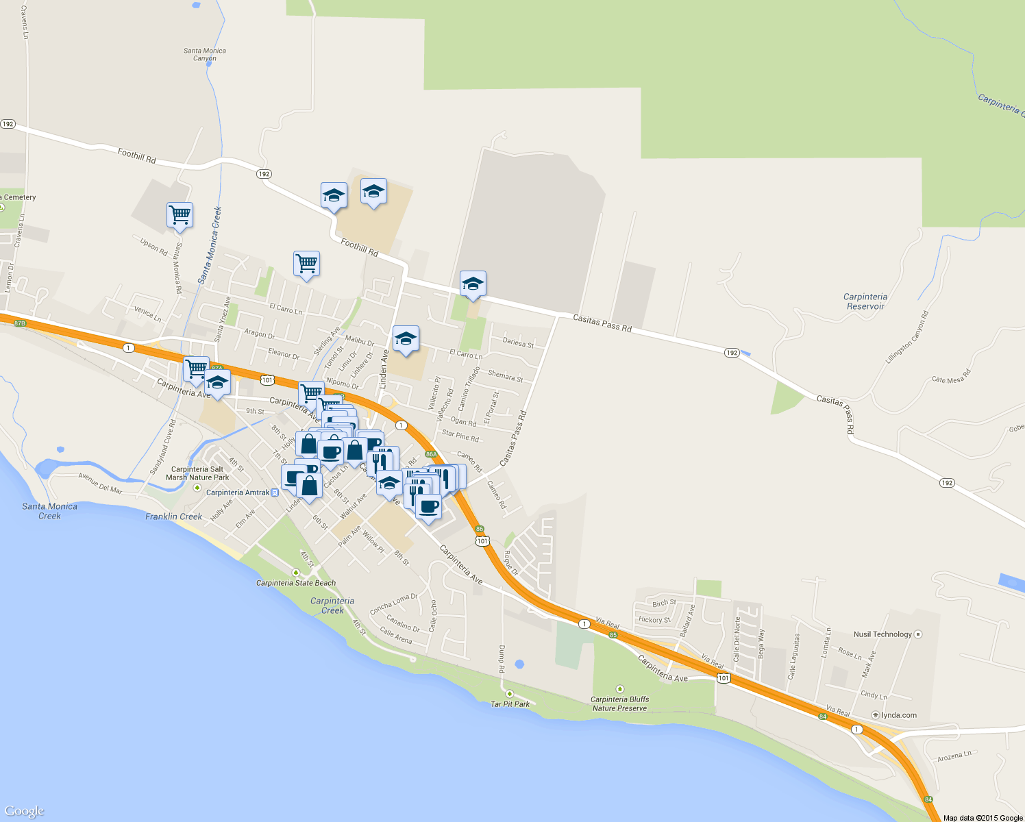 map of restaurants, bars, coffee shops, grocery stores, and more near 5378 Santa Rosa Lane in Carpinteria