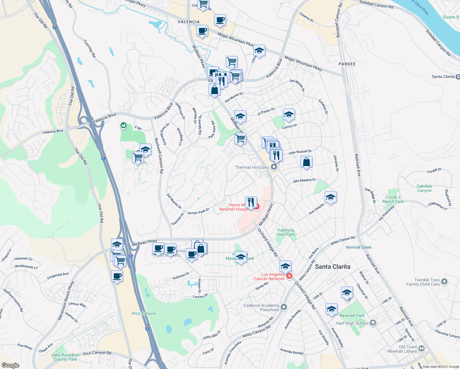 map of restaurants, bars, coffee shops, grocery stores, and more near 26087 Bellis Drive in Santa Clarita