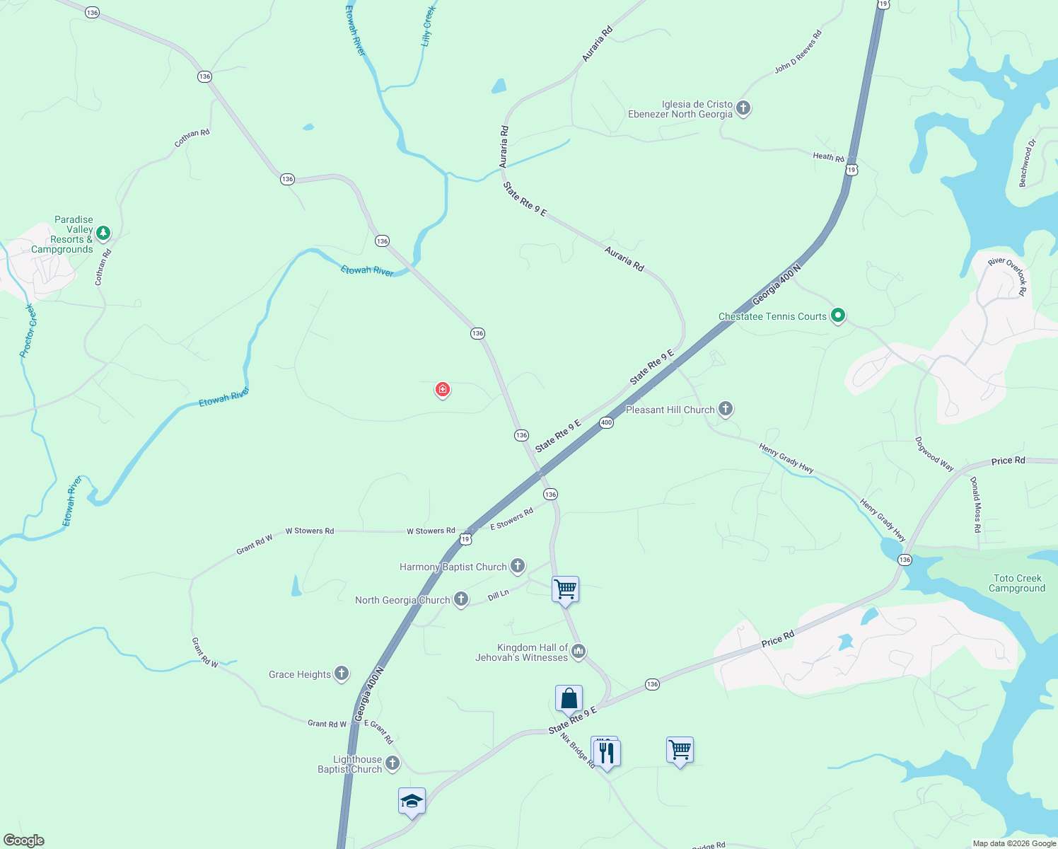 map of restaurants, bars, coffee shops, grocery stores, and more near 5869 Georgia 136 in Dawsonville