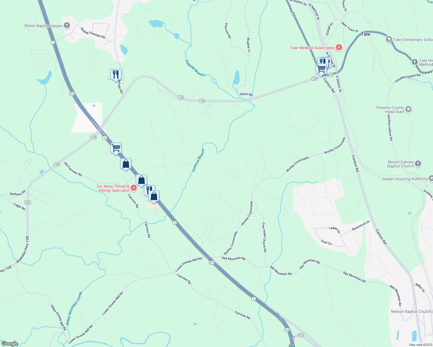 map of restaurants, bars, coffee shops, grocery stores, and more near 265 Green School Road in Jasper