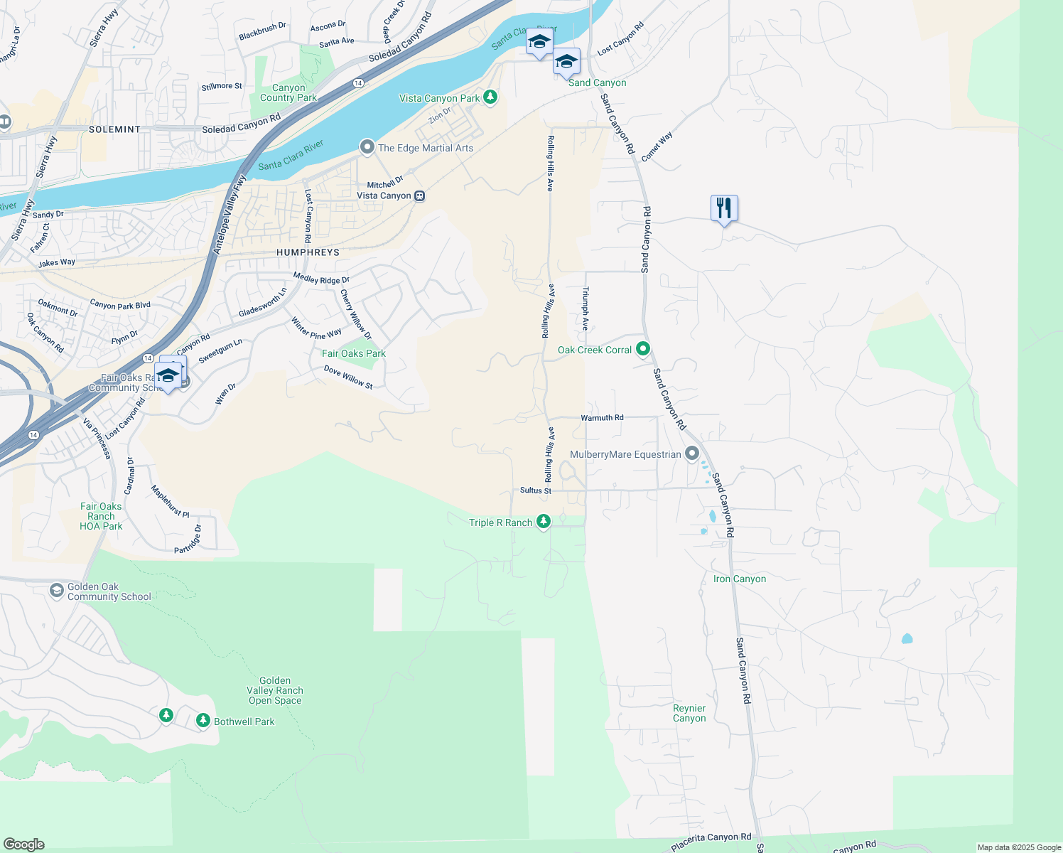 map of restaurants, bars, coffee shops, grocery stores, and more near 16646 Warmuth Road in Los Angeles County
