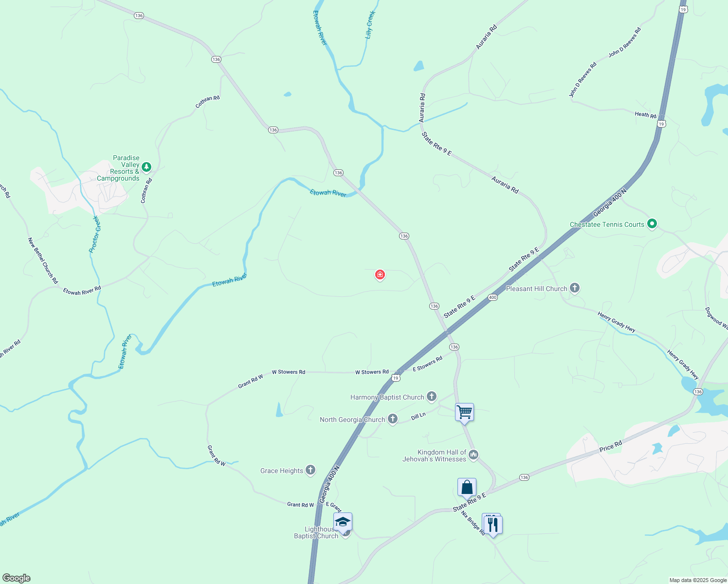 map of restaurants, bars, coffee shops, grocery stores, and more near River Bend Road in Dawson County