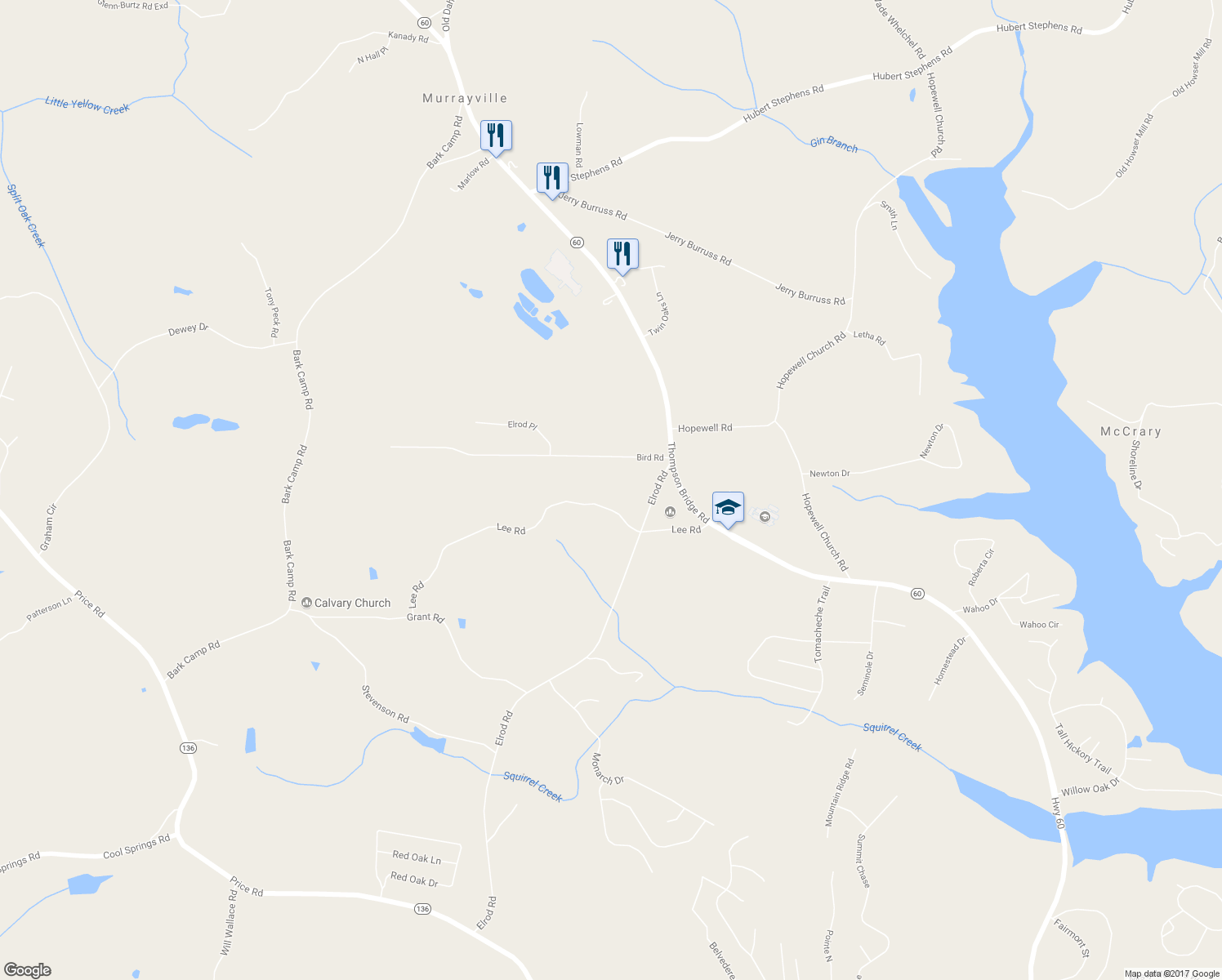 map of restaurants, bars, coffee shops, grocery stores, and more near 4932 Lee Road in Gainesville