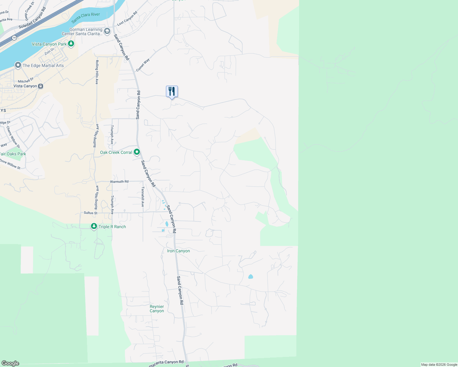 map of restaurants, bars, coffee shops, grocery stores, and more near 15532 Live Oak Springs Canyon Road in Santa Clarita