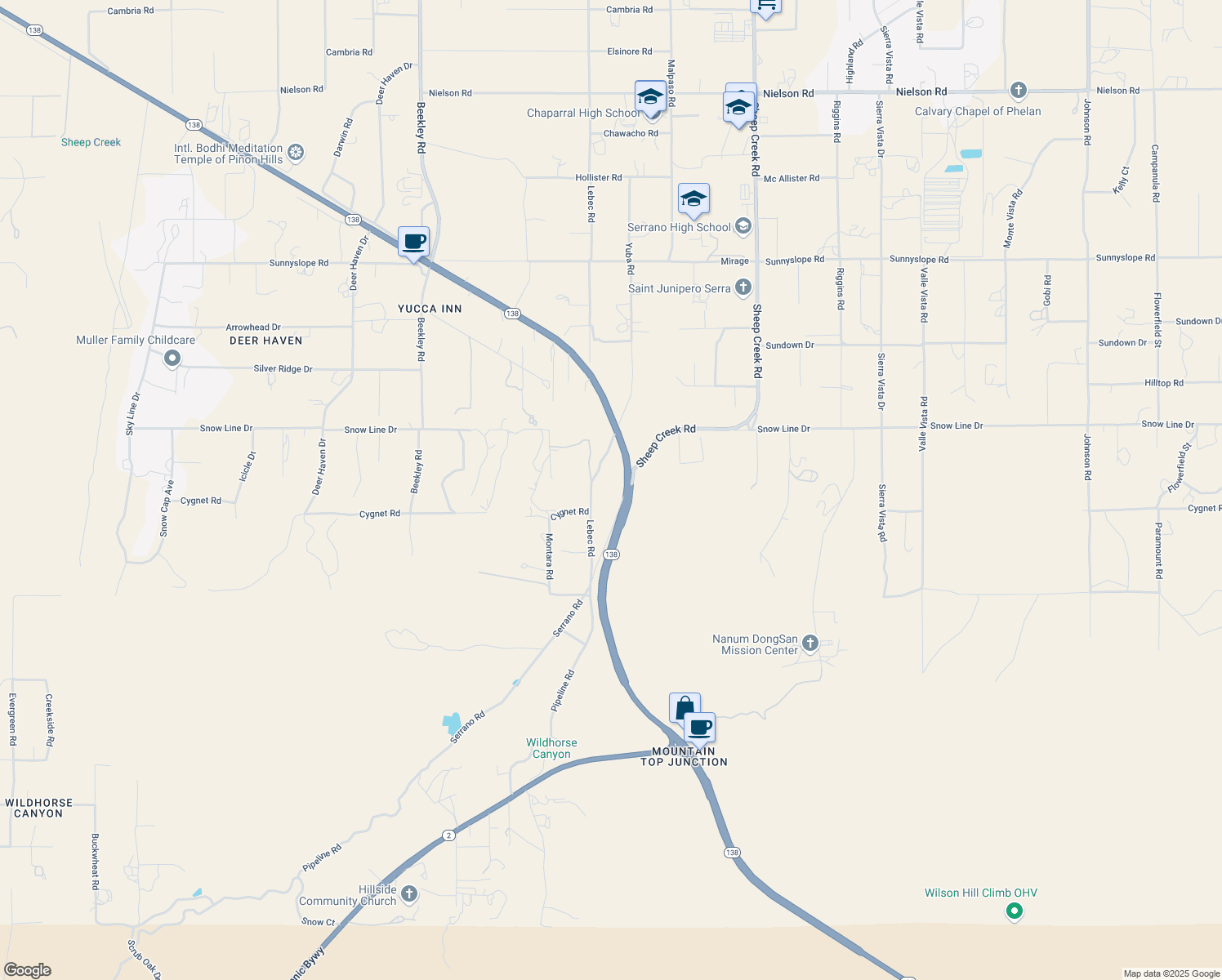 map of restaurants, bars, coffee shops, grocery stores, and more near 8480 California 138 in Pinon Hills