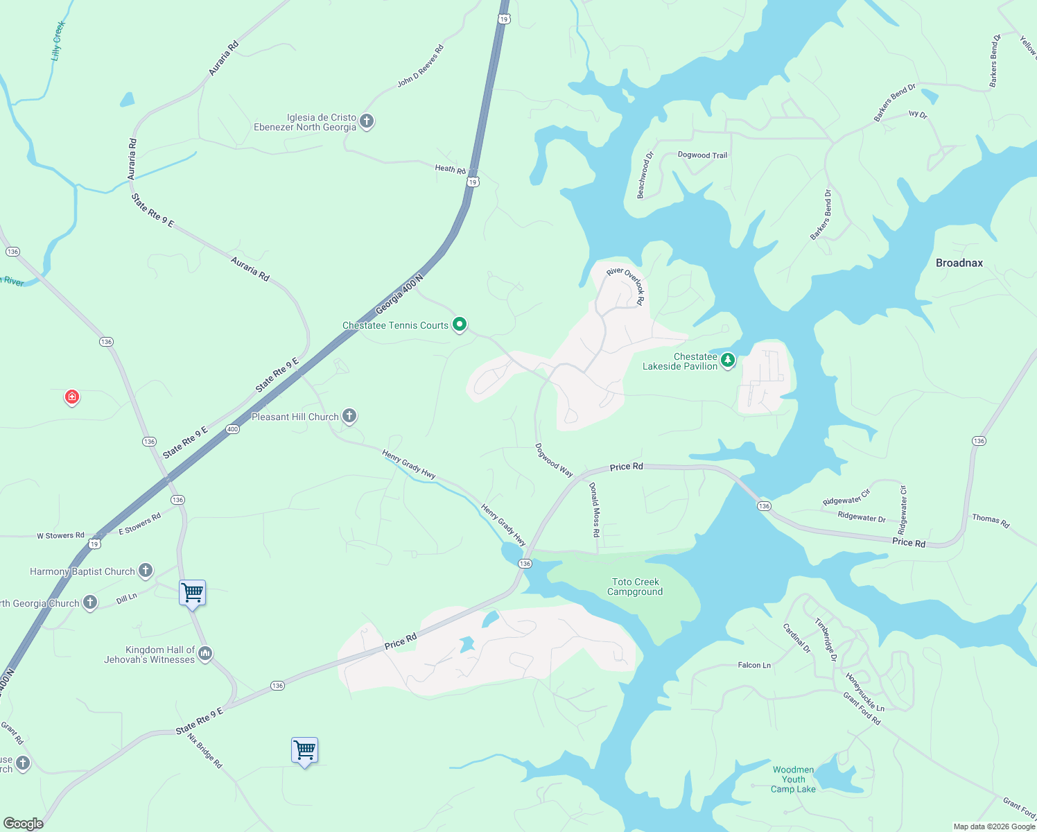map of restaurants, bars, coffee shops, grocery stores, and more near 45 Fieldstone Court in Dawsonville