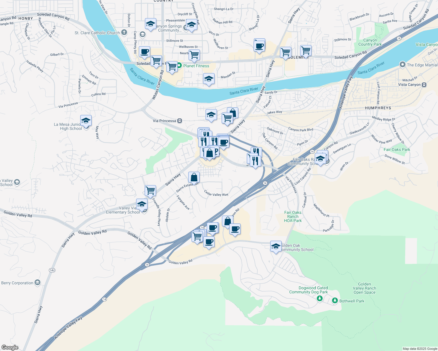 map of restaurants, bars, coffee shops, grocery stores, and more near 18734 Vista Del Canon in Santa Clarita