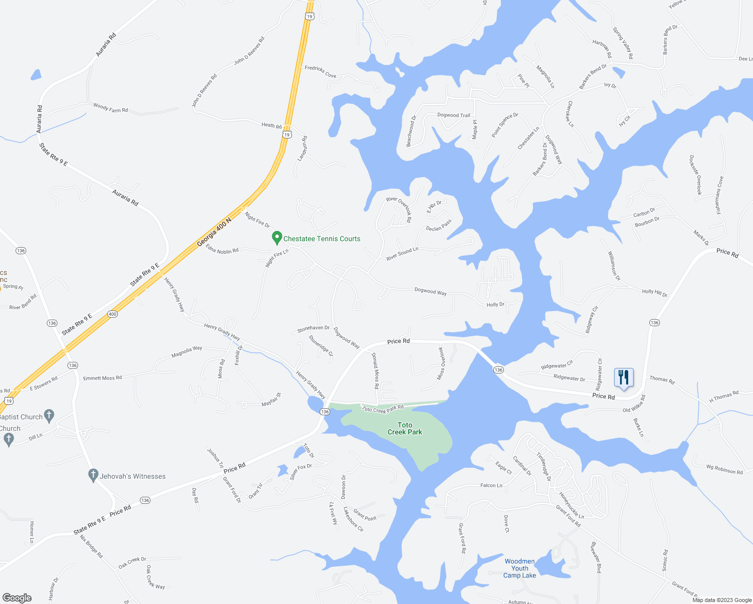 map of restaurants, bars, coffee shops, grocery stores, and more near 75 Parkside Circle in Dawsonville