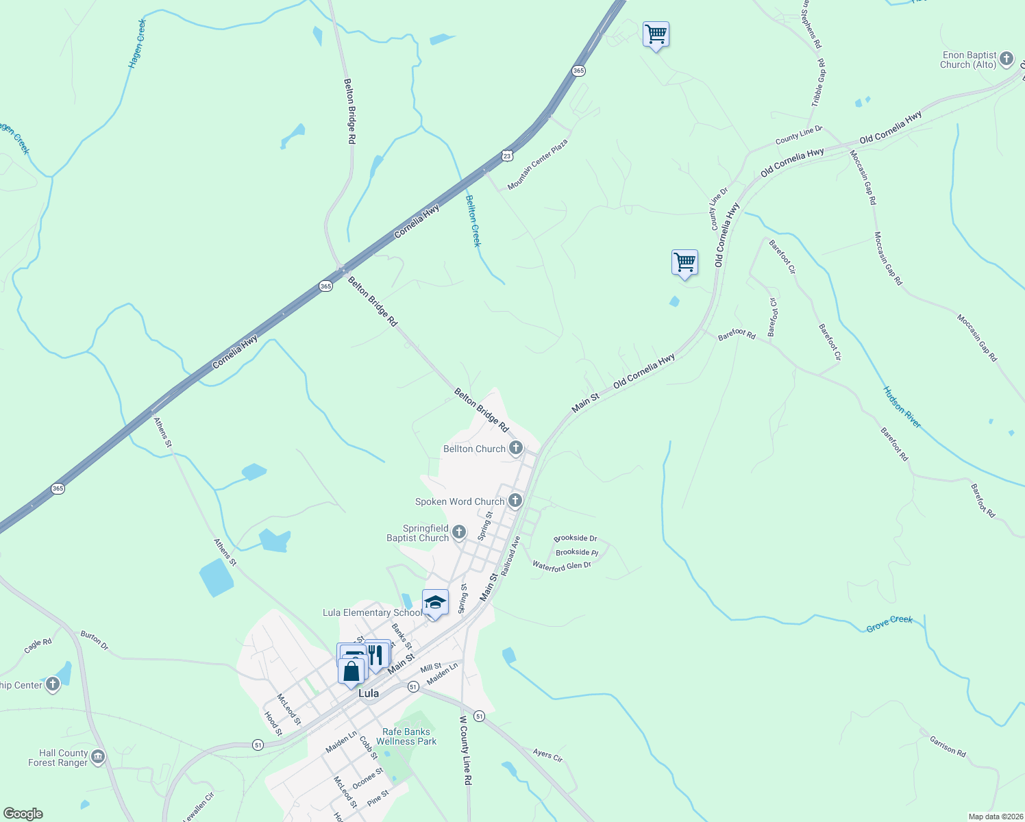 map of restaurants, bars, coffee shops, grocery stores, and more near 6630 Belton Bridge Rd in Lula