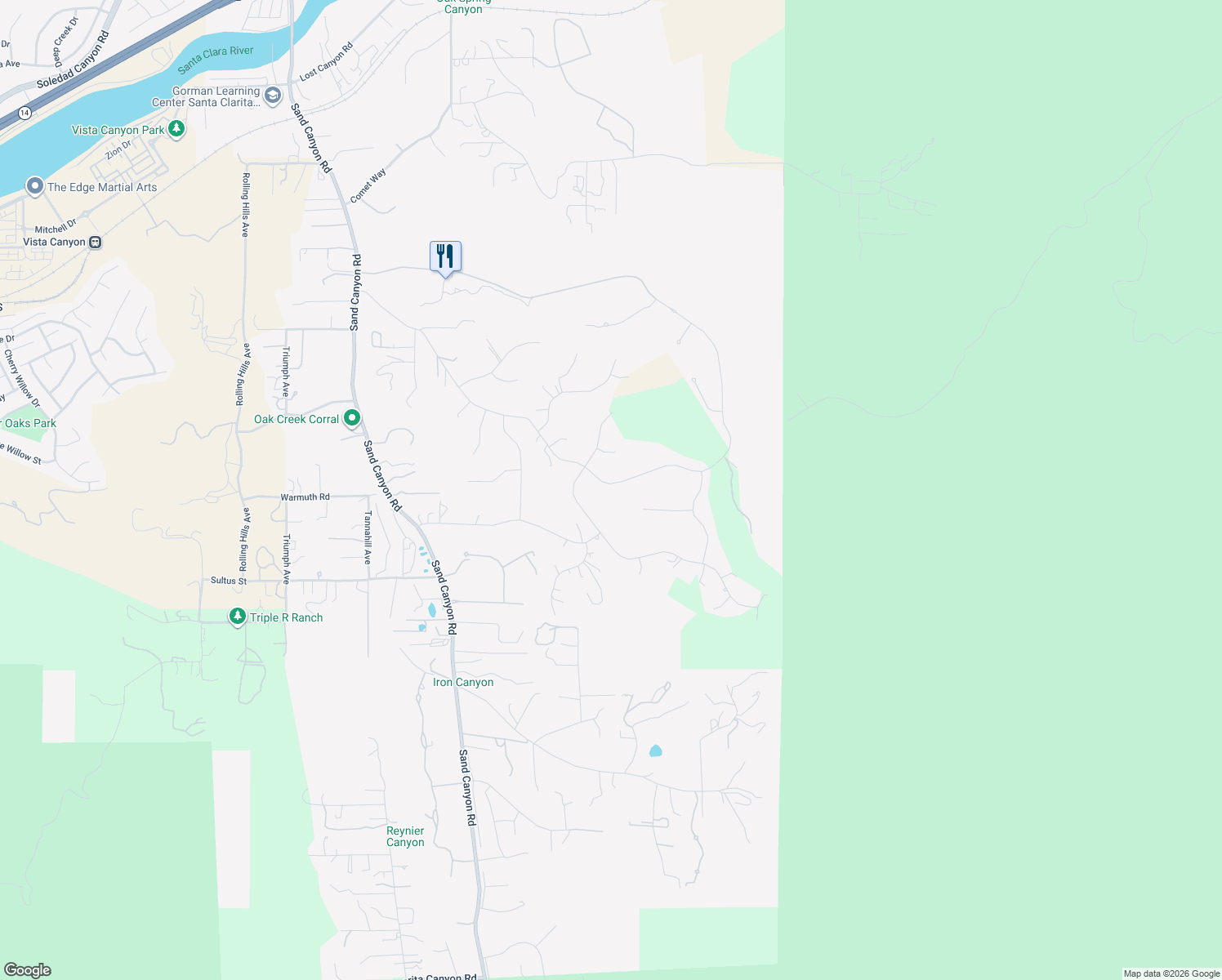 map of restaurants, bars, coffee shops, grocery stores, and more near 15532 Live Oak Springs Canyon Road in Santa Clarita