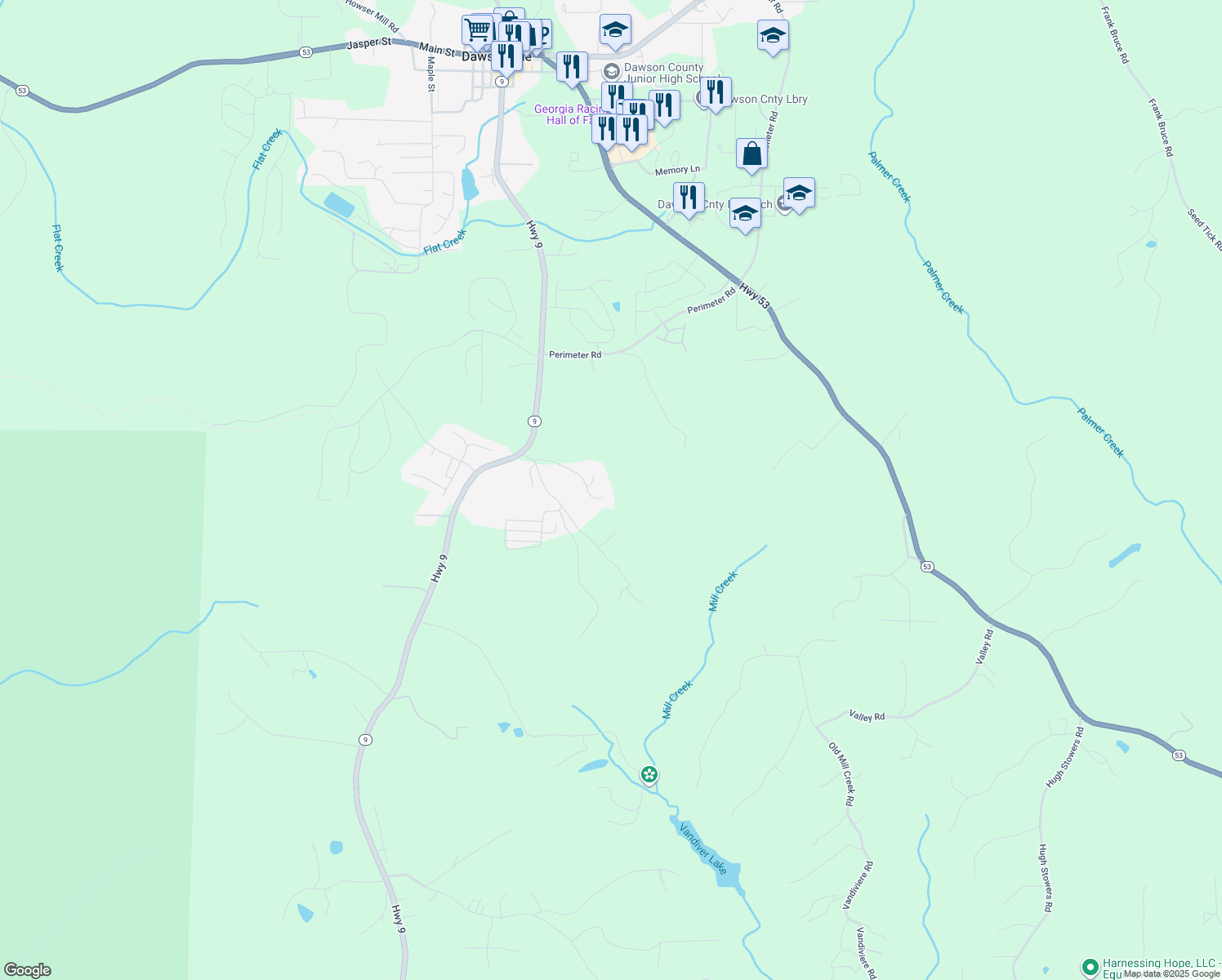 map of restaurants, bars, coffee shops, grocery stores, and more near 259 Nestlebrook Drive in Dawsonville