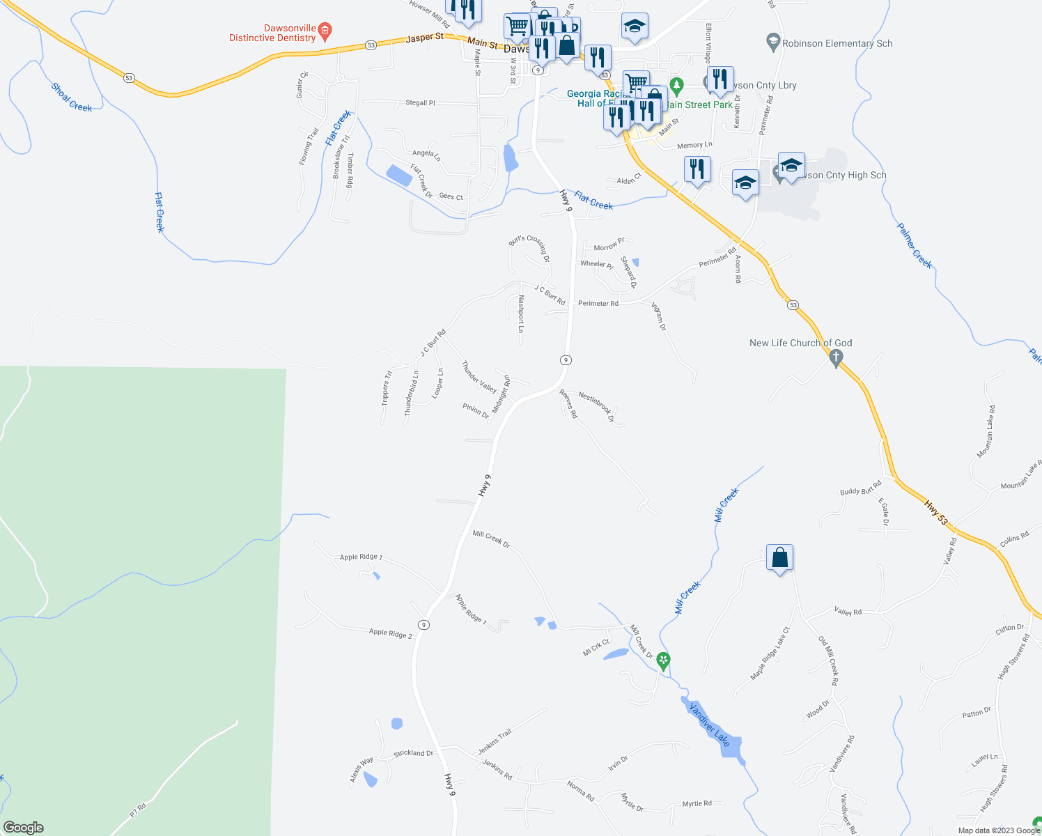 map of restaurants, bars, coffee shops, grocery stores, and more near 1383 Georgia 9 in Dawsonville
