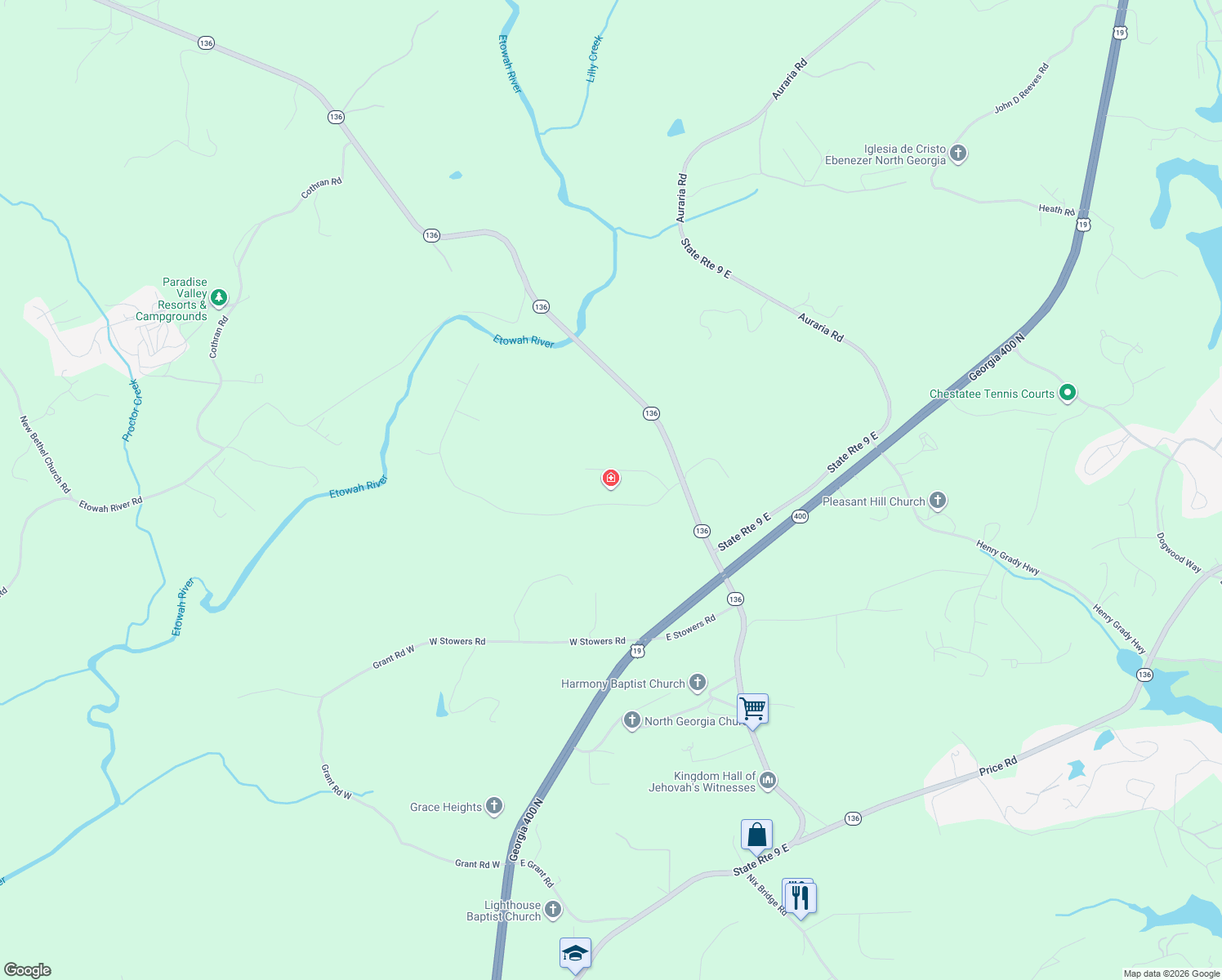 map of restaurants, bars, coffee shops, grocery stores, and more near 238 River Bend Road in Dawsonville