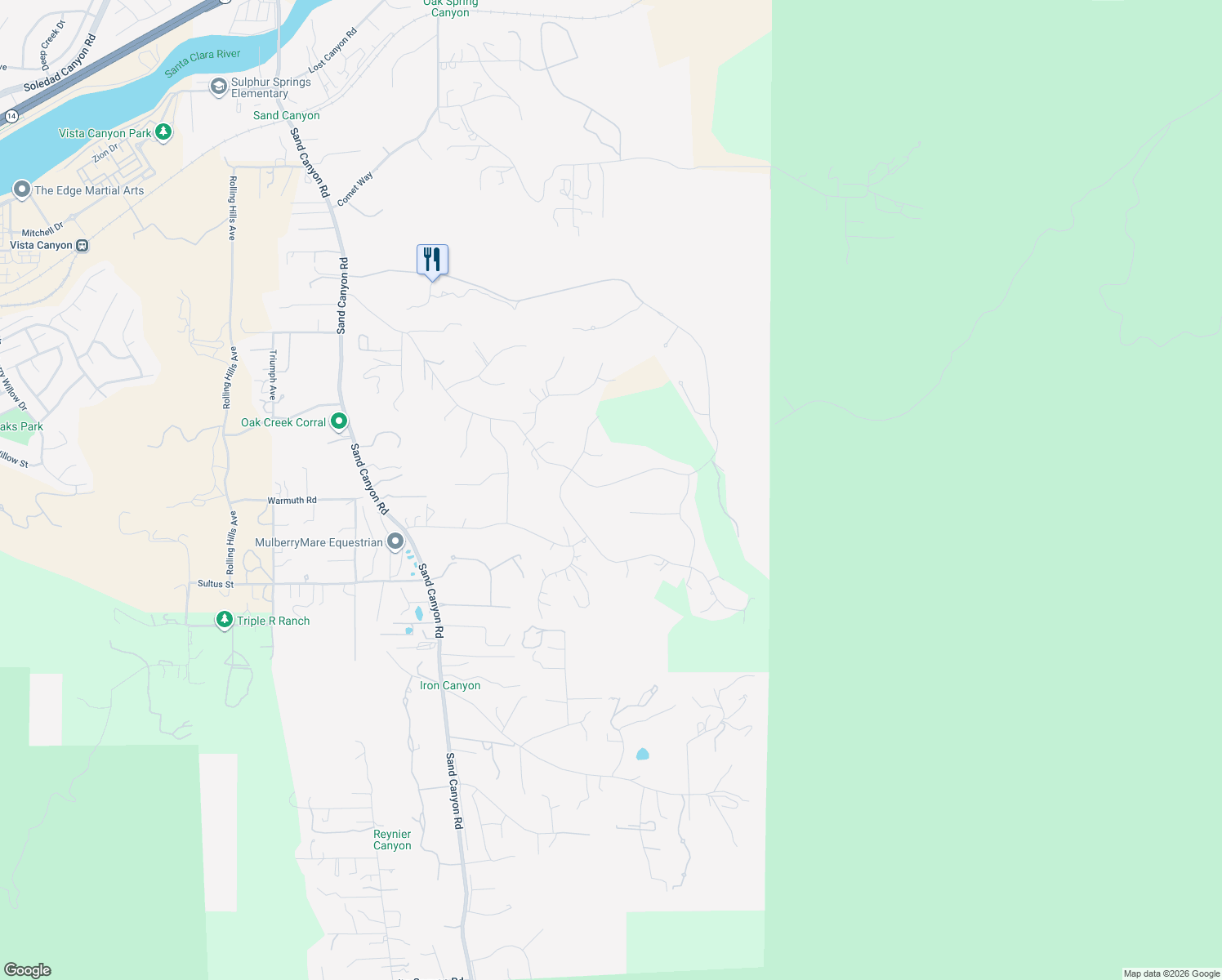 map of restaurants, bars, coffee shops, grocery stores, and more near 15508 Live Oak Springs Canyon Road in Santa Clarita