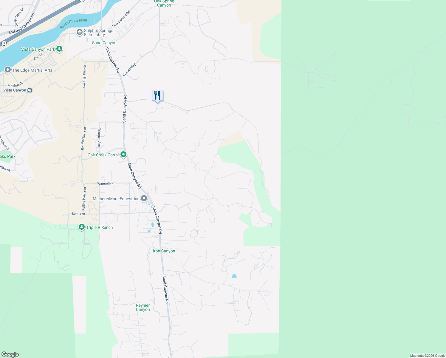 map of restaurants, bars, coffee shops, grocery stores, and more near 15508 Live Oak Springs Canyon Road in Santa Clarita