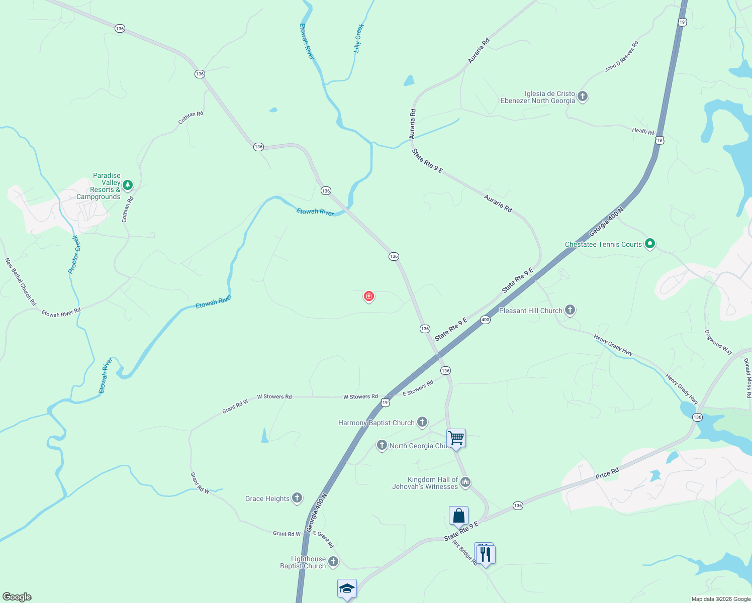 map of restaurants, bars, coffee shops, grocery stores, and more near 238 River Bend Road in Dawsonville