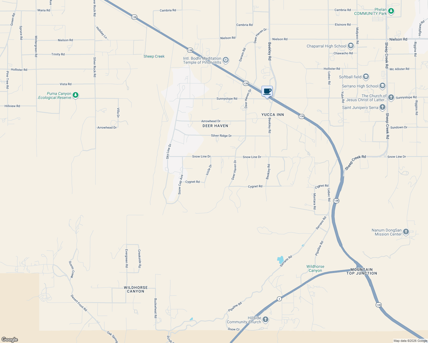 map of restaurants, bars, coffee shops, grocery stores, and more near 8410 Snow Valley Road in Pinon Hills