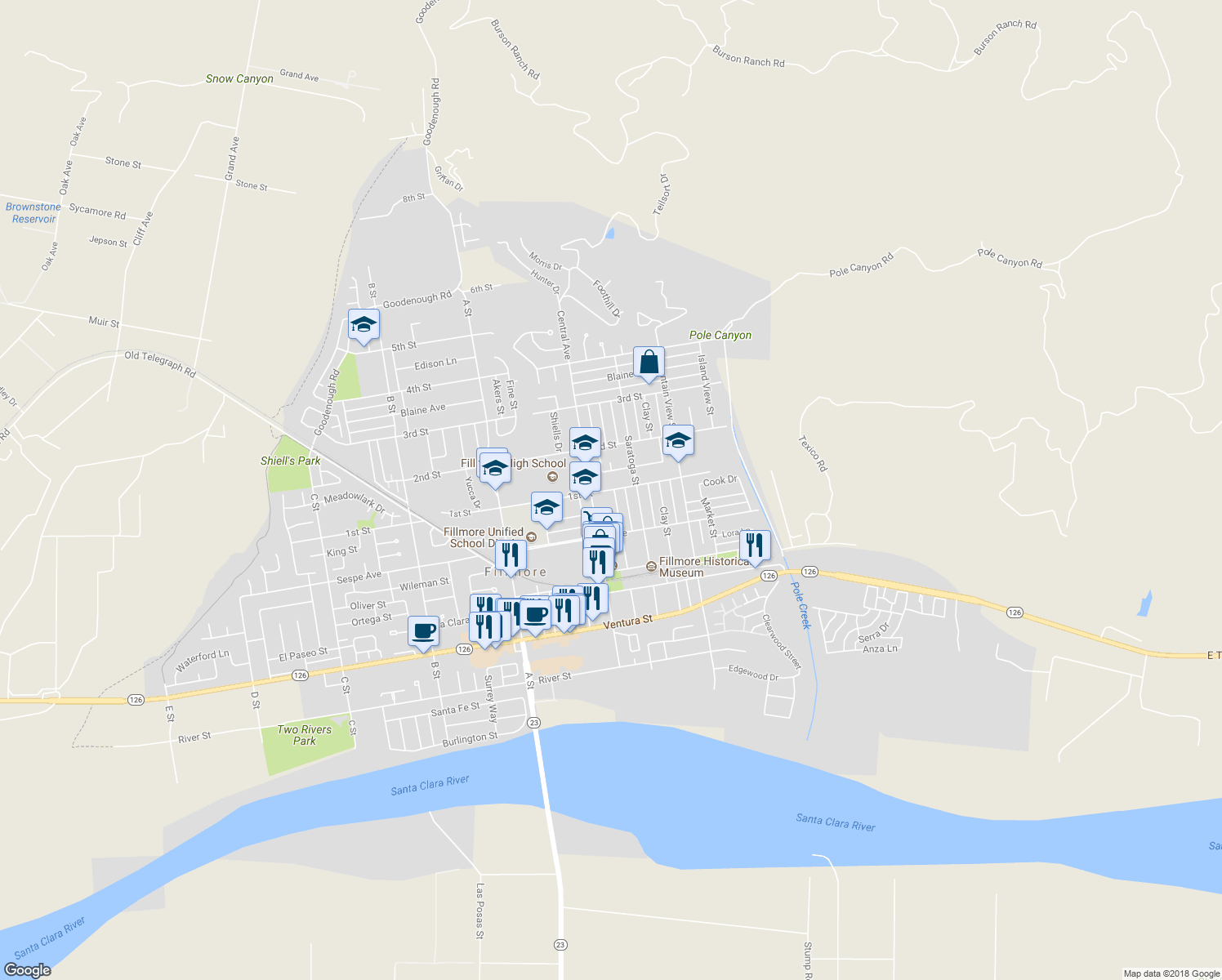 map of restaurants, bars, coffee shops, grocery stores, and more near 446 1st Street in Fillmore