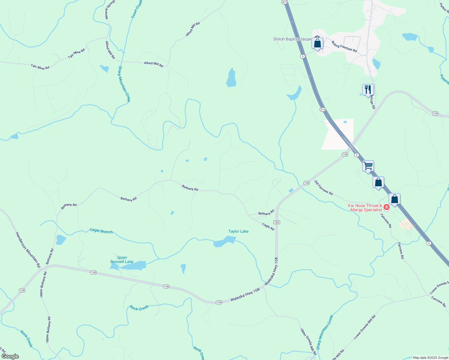 map of restaurants, bars, coffee shops, grocery stores, and more near 96 Moorings Run in Jasper