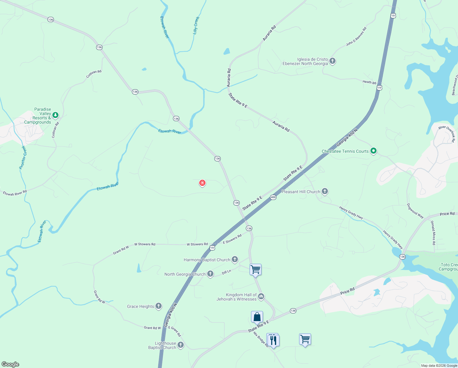 map of restaurants, bars, coffee shops, grocery stores, and more near 5869 Highway 136 in Dawsonville
