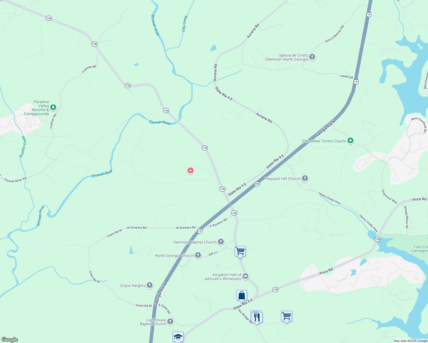 map of restaurants, bars, coffee shops, grocery stores, and more near 34 Spring Place in Dawsonville