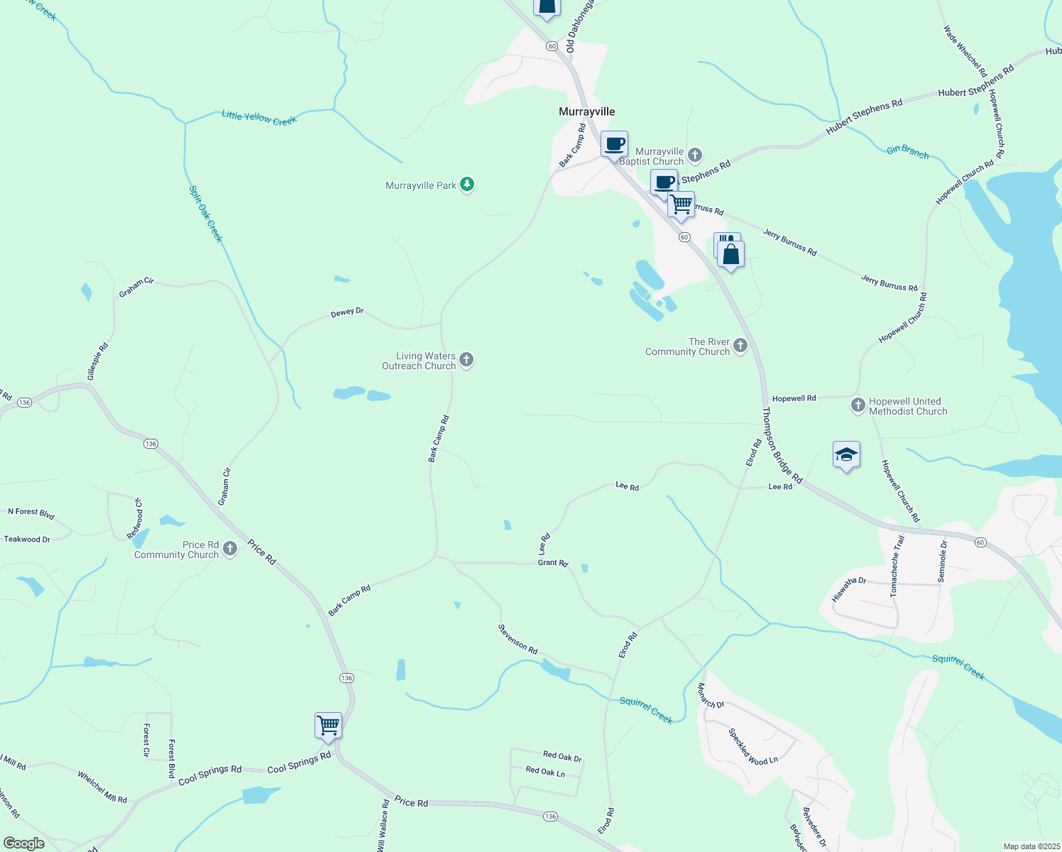 map of restaurants, bars, coffee shops, grocery stores, and more near 5115 Bird Road in Gainesville