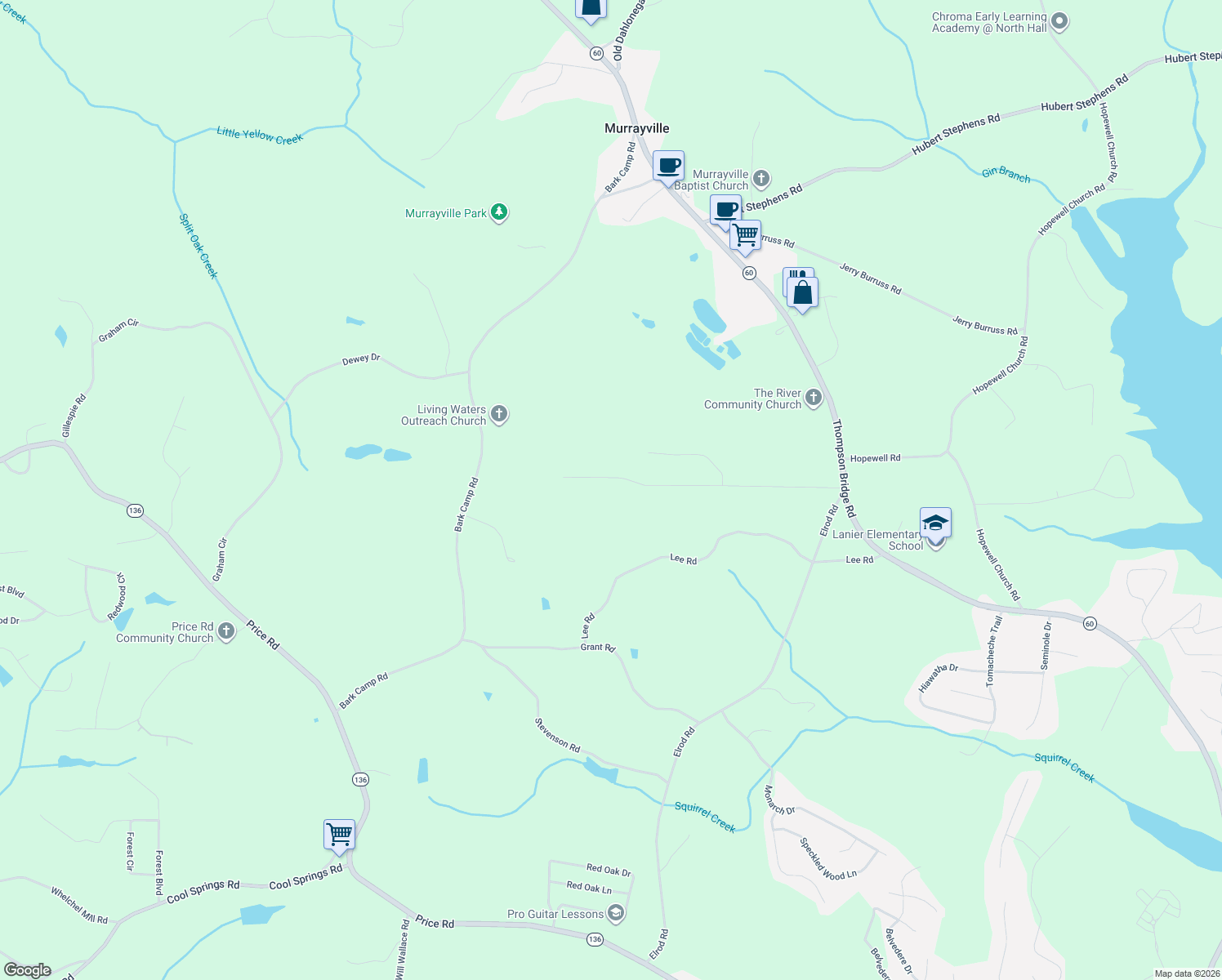 map of restaurants, bars, coffee shops, grocery stores, and more near 5083 Bird Road in Gainesville