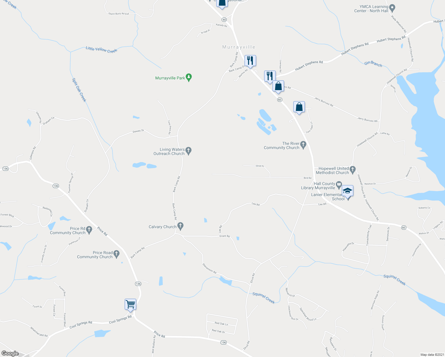 map of restaurants, bars, coffee shops, grocery stores, and more near 5099 Bird Road in Gainesville