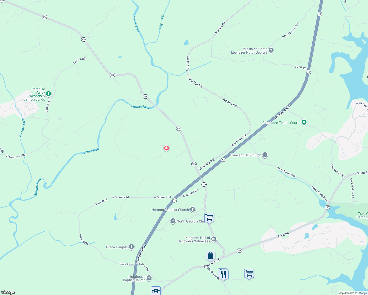 map of restaurants, bars, coffee shops, grocery stores, and more near 34 Spring Place in Dawsonville