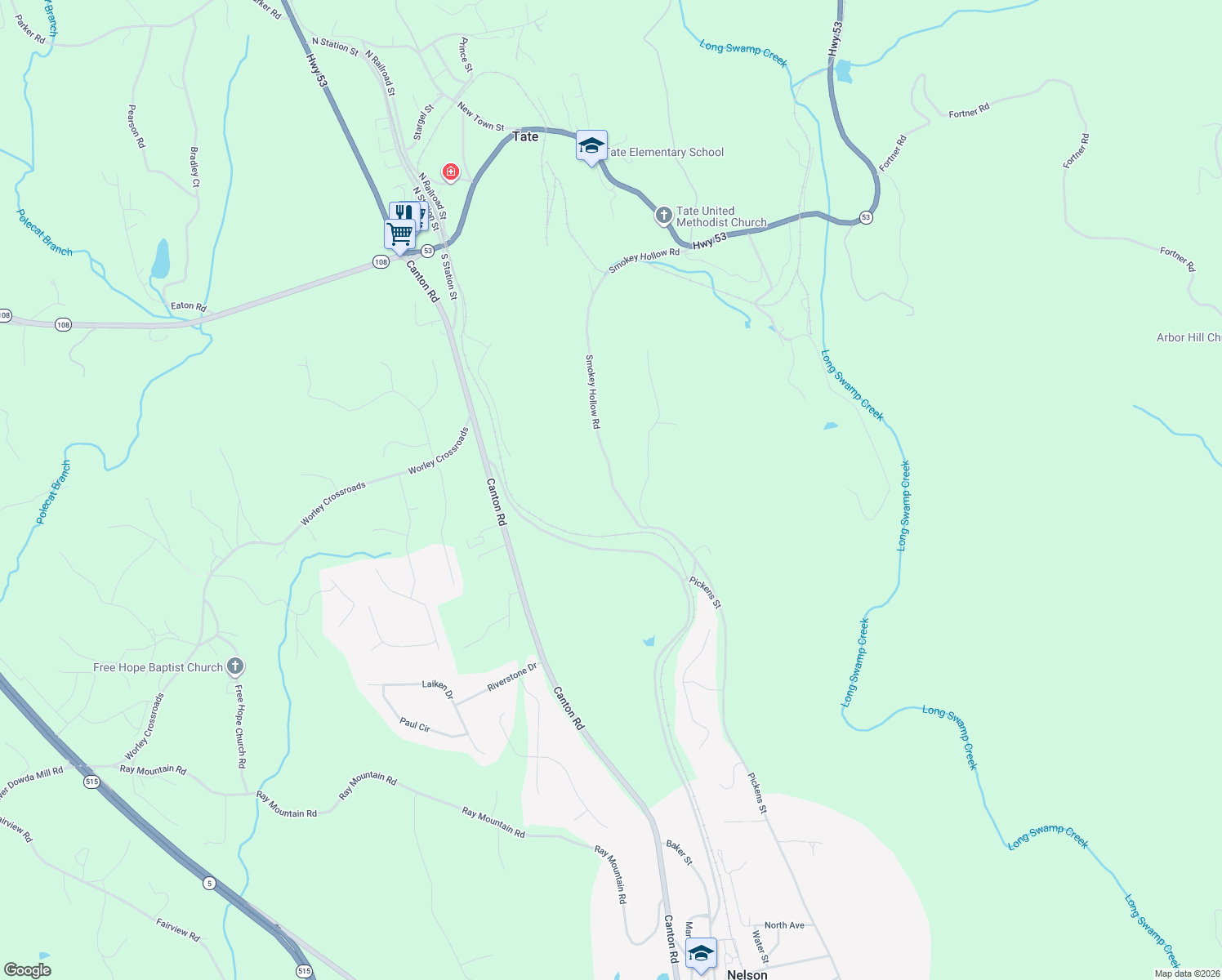 map of restaurants, bars, coffee shops, grocery stores, and more near 480 Smokey Hollow Road in Tate